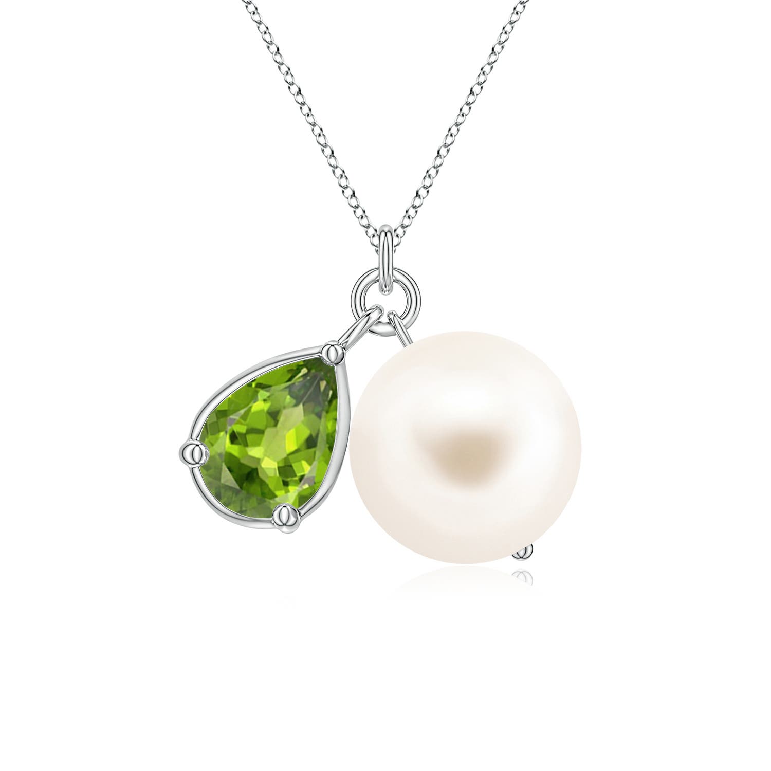 9mm AAA Freshwater Pearl and Pear Peridot Charm Necklace in White Gold