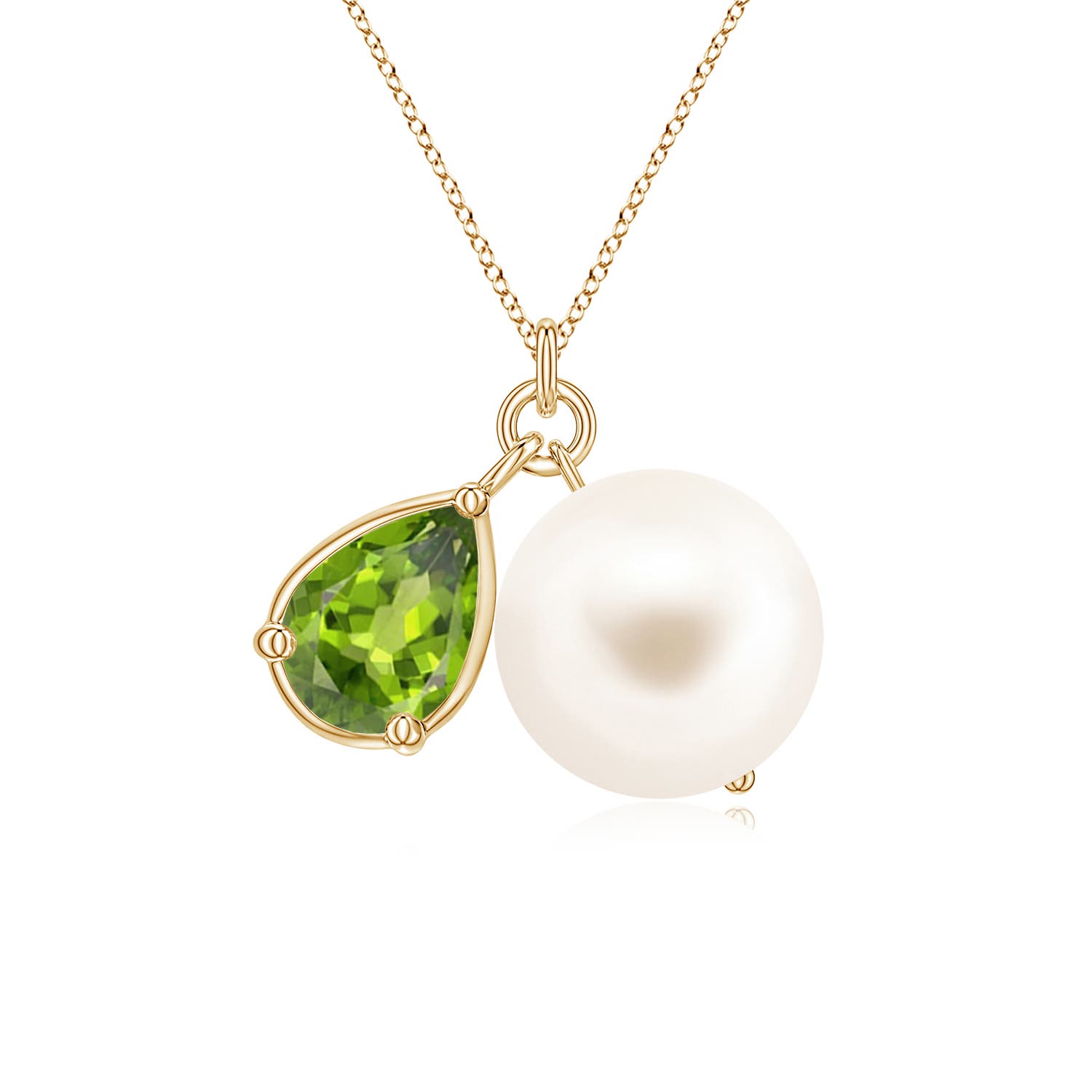 9mm AAA Freshwater Pearl and Pear Peridot Charm Necklace in Yellow Gold