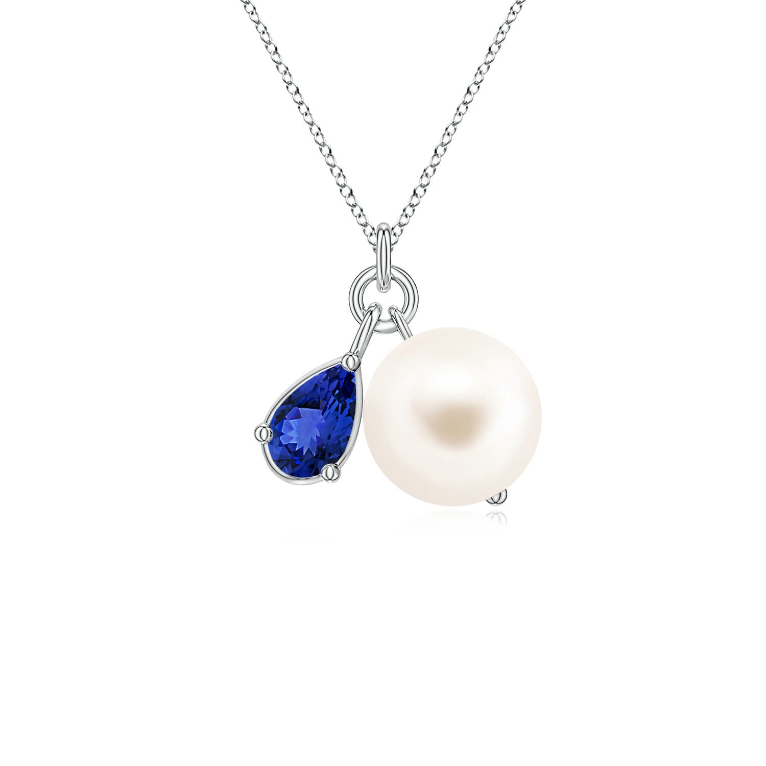 7mm AAA Freshwater Pearl and Pear Tanzanite Charm Necklace in White Gold