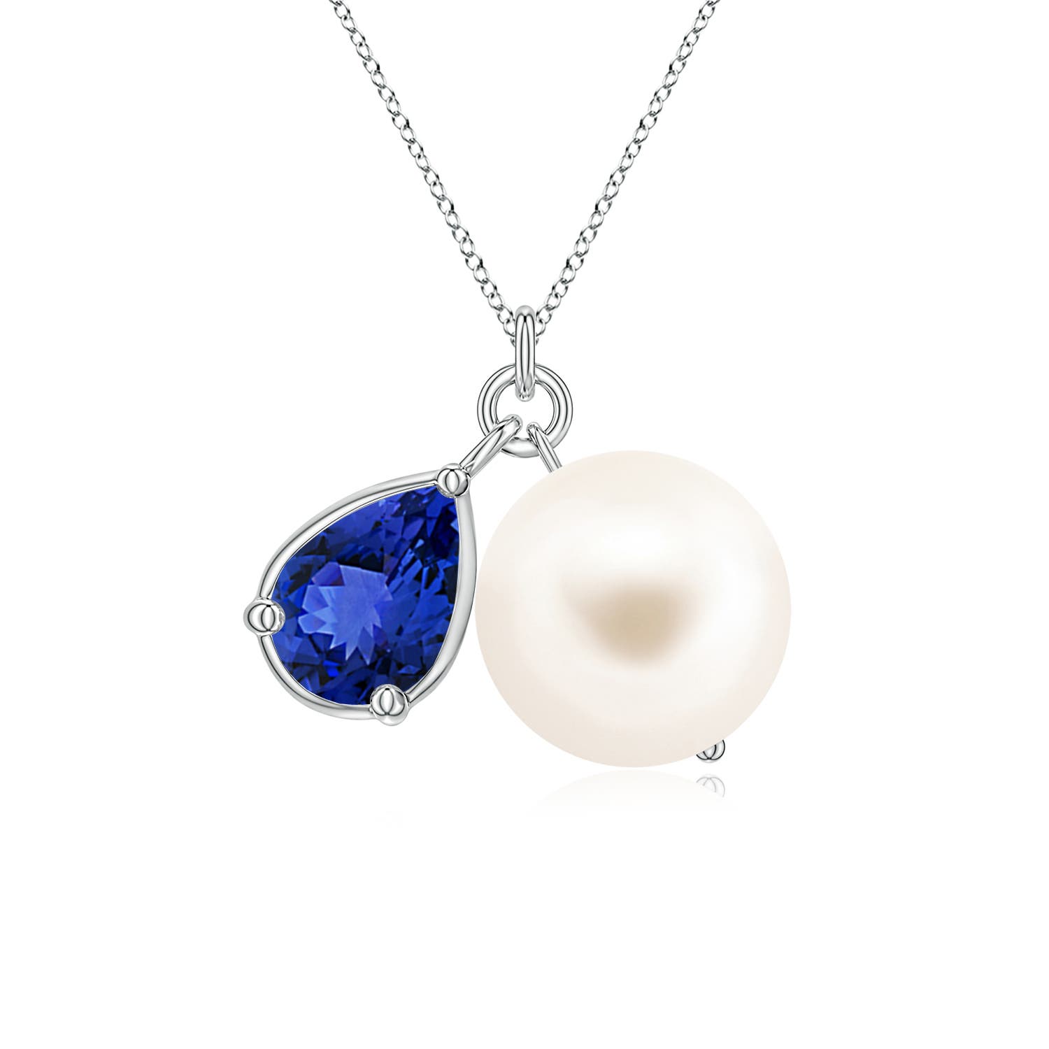 9mm AAA Freshwater Pearl and Pear Tanzanite Charm Necklace in White Gold