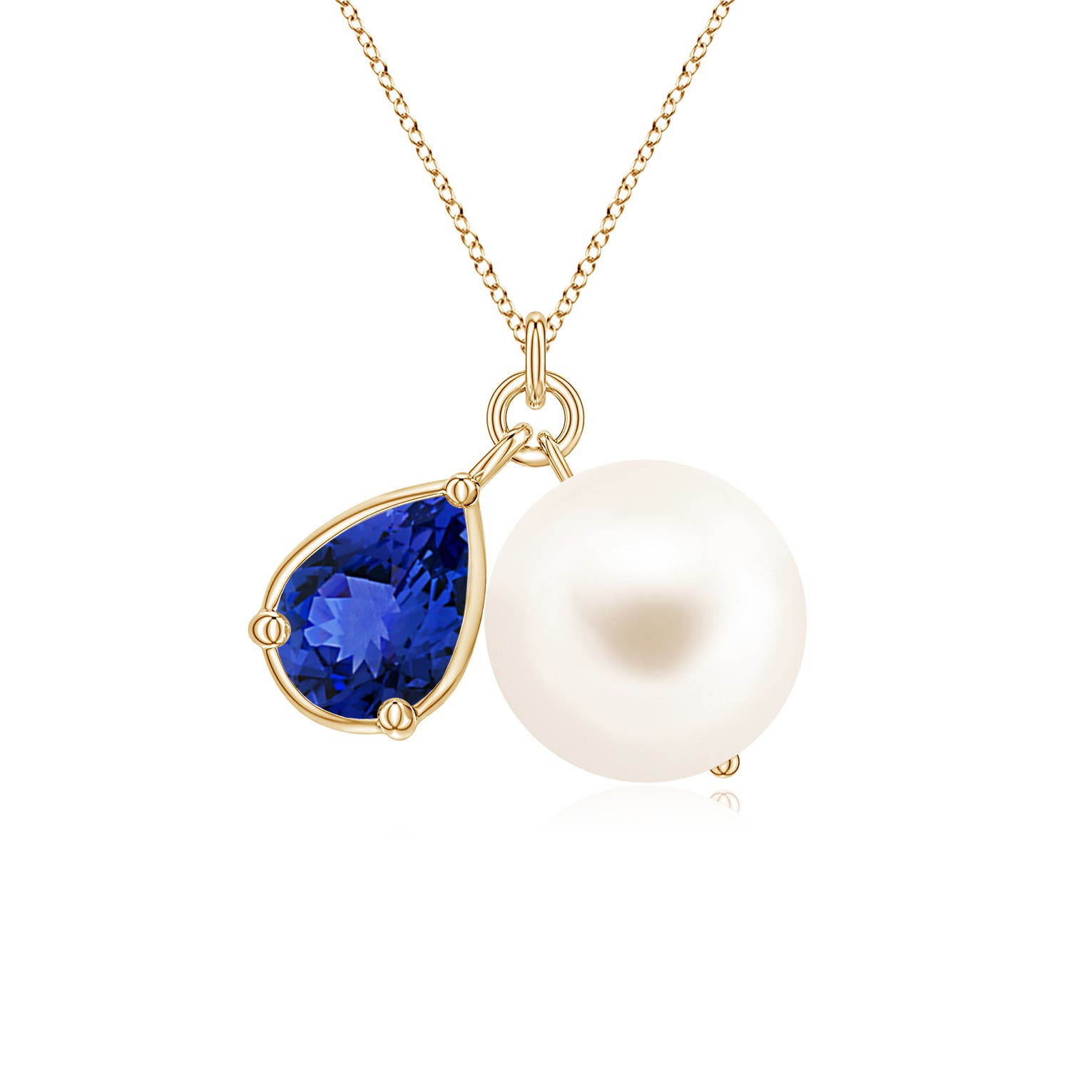 9mm AAA Freshwater Pearl and Pear Tanzanite Charm Necklace in Yellow Gold