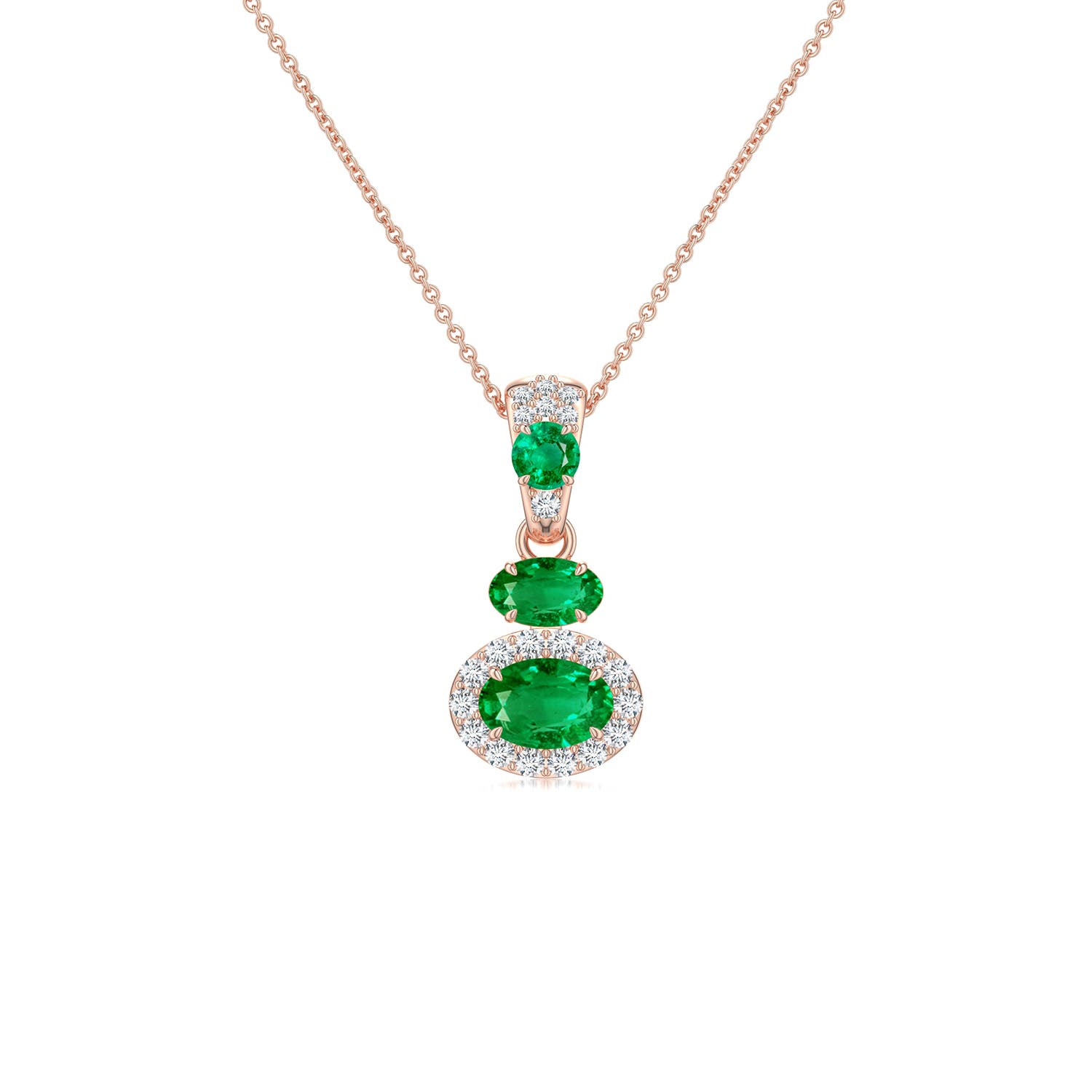 6x4mm AAA East-West Oval Emerald Halo Drop Pendant in Rose Gold