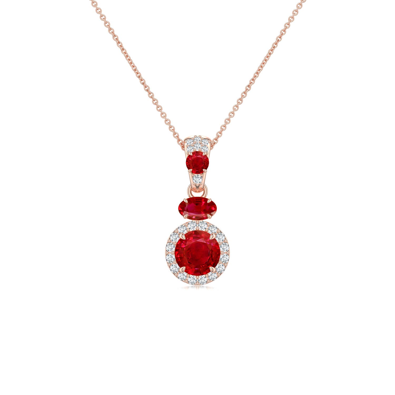 6mm AAA Claw Prong Round Ruby Halo Drop Pendant in Rose Gold