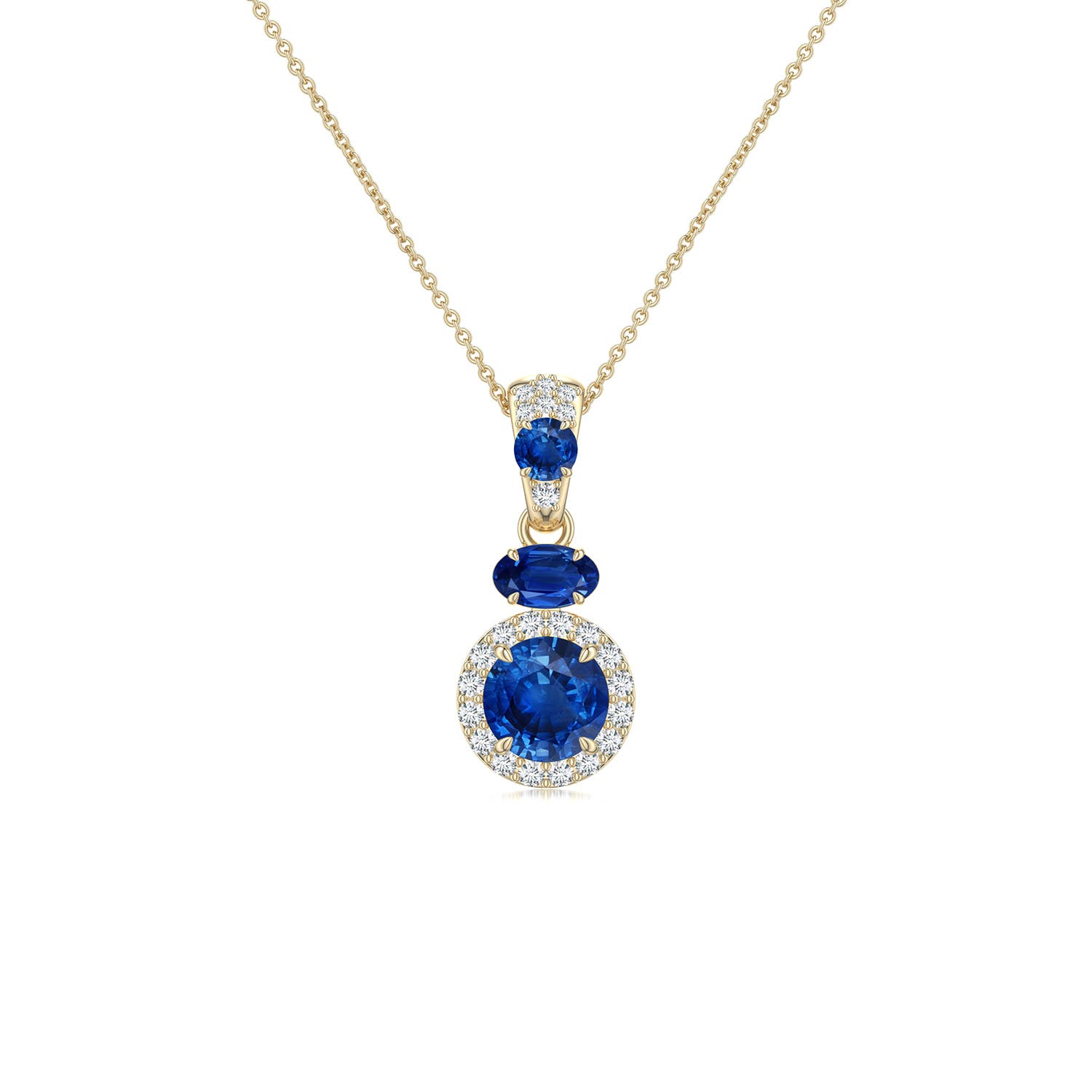 6mm AAA Claw Prong Round Blue Sapphire Halo Drop Pendant in Yellow Gold
