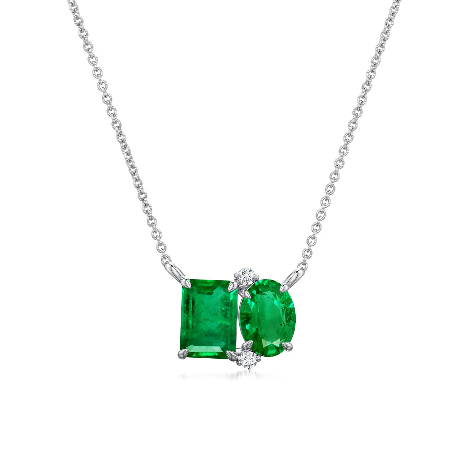 6x4mm AAA Emerald-Cut and Oval Emerald Two-Stone Pendant in White Gold - main