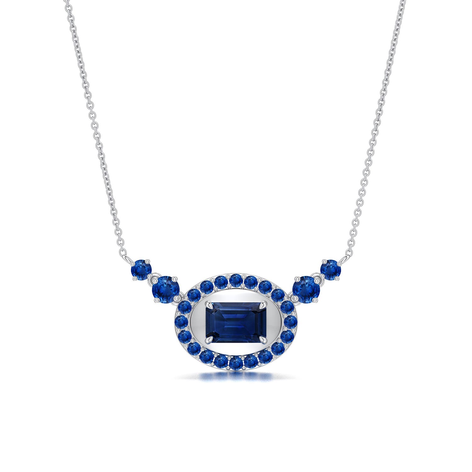 6x4mm AAA East-West Emerald-Cut Blue Sapphire Halo Pendant in White Gold - main