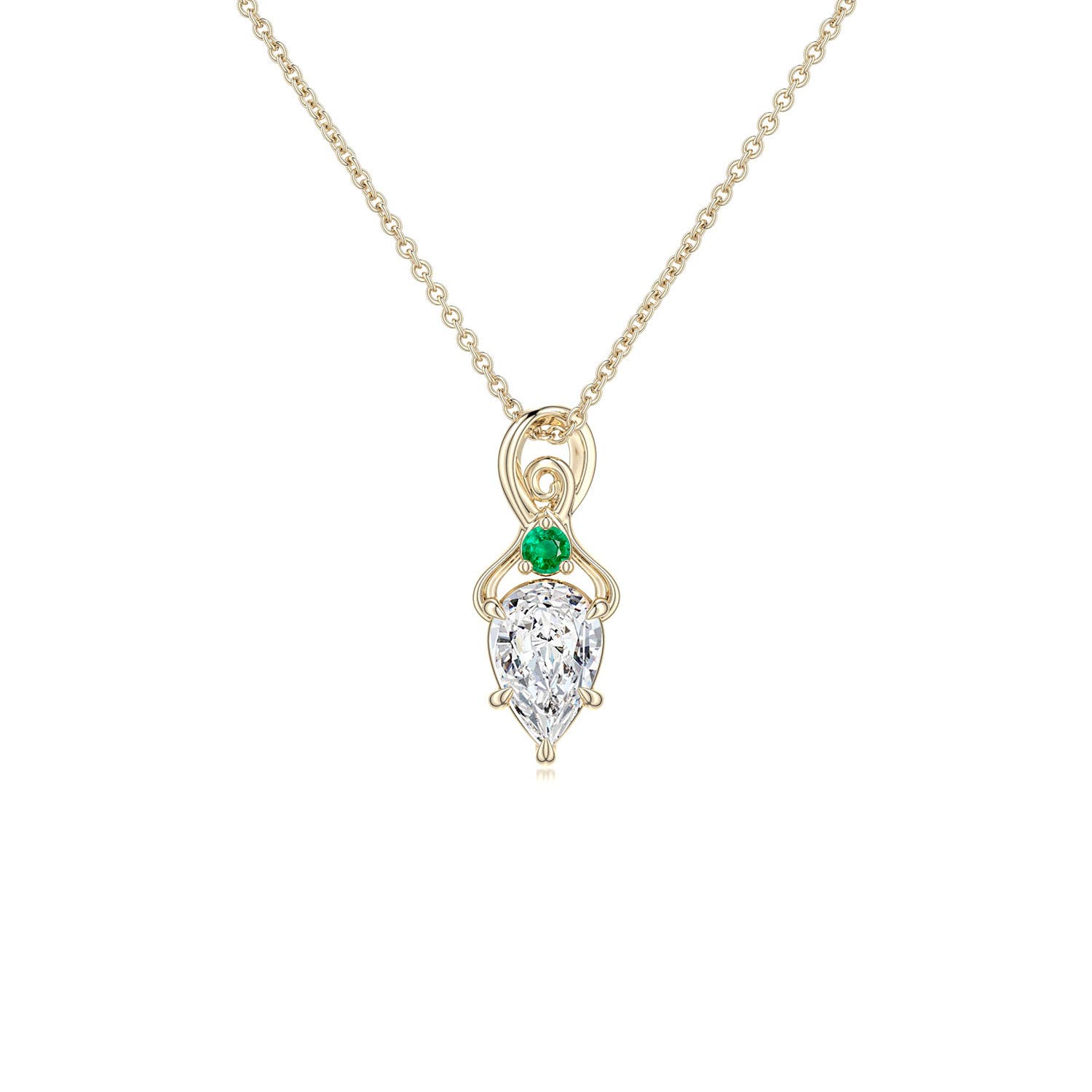 6x4mm HSI2 Inverted Pear Diamond Swirl Pendant with Emerald Accent in 18K Yellow Gold