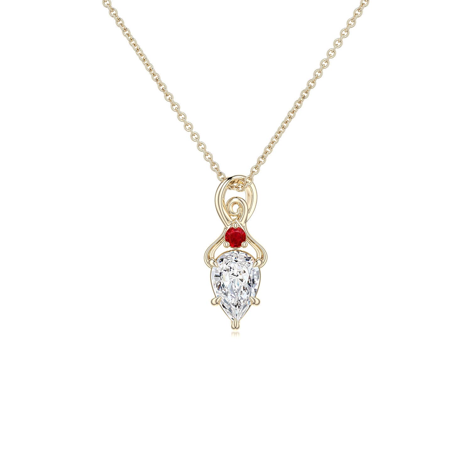6x4mm HSI2 Inverted Pear Diamond Swirl Pendant with Ruby Accent in 18K Yellow Gold