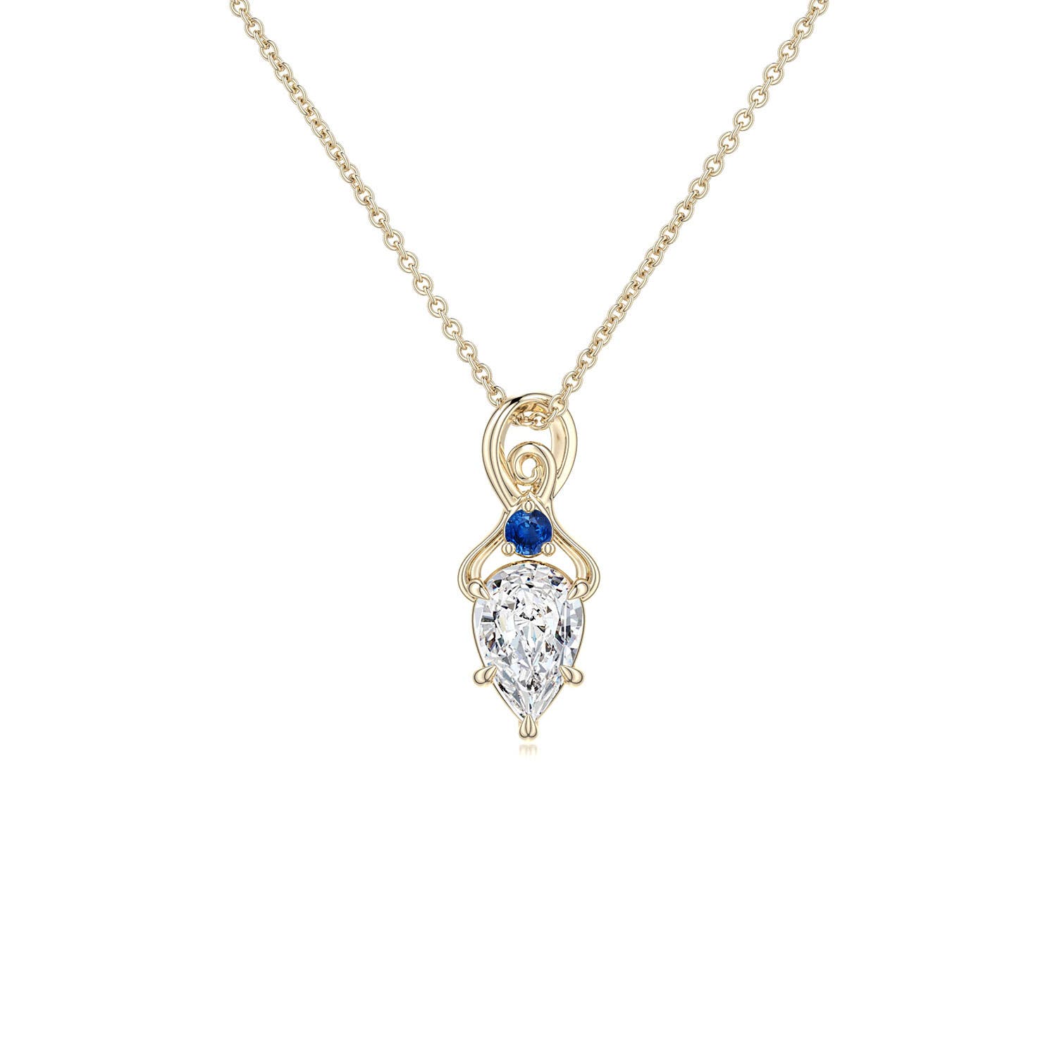 6x4mm HSI2 Inverted Pear Diamond Swirl Pendant with Blue Sapphire Accent in 18K Yellow Gold