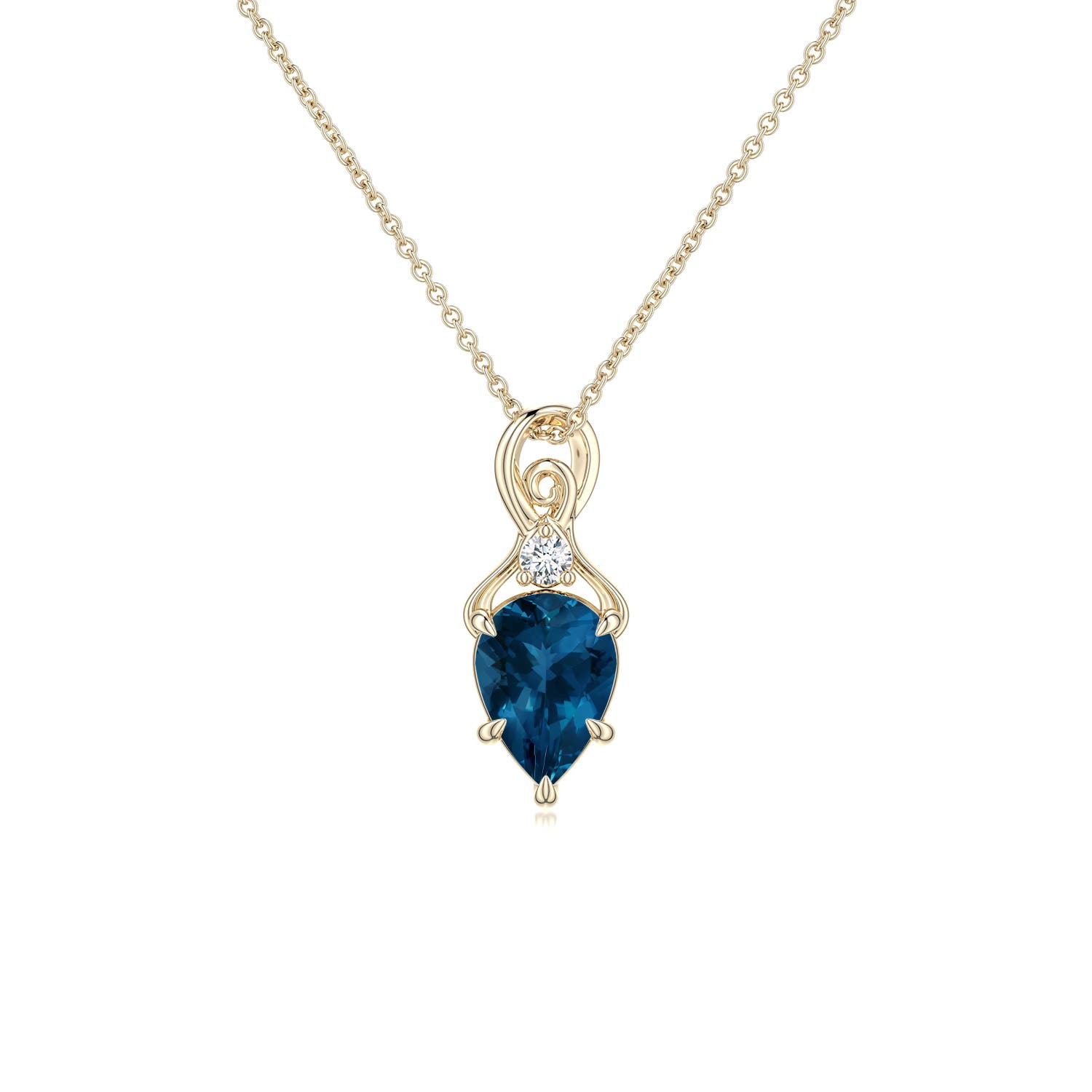 7x5mm AAA Inverted Pear London Blue Topaz Swirl Pendant with Diamond Accent in Yellow Gold - main