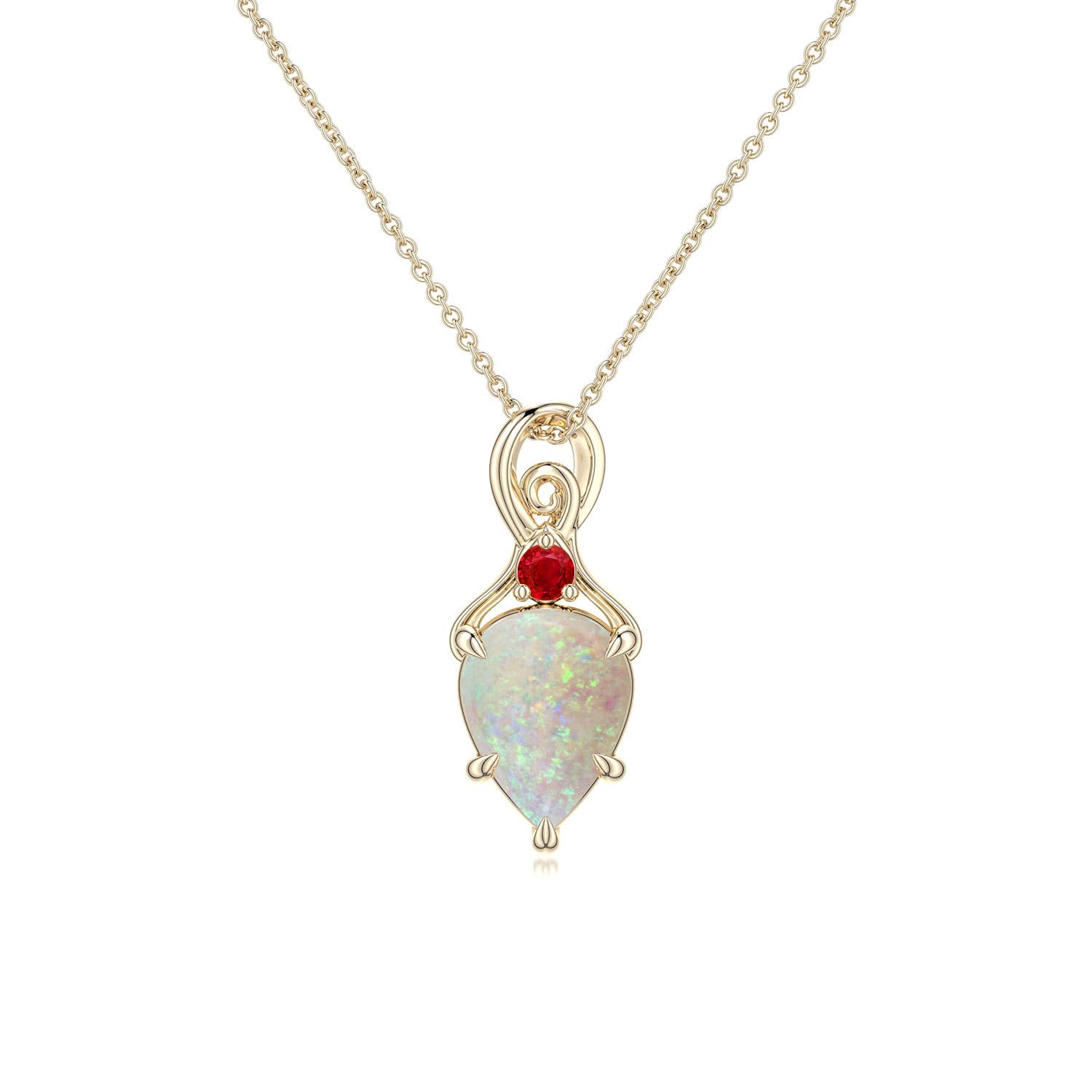 8x6mm AAA Inverted Pear Opal Swirl Pendant with Ruby Accent in Yellow Gold