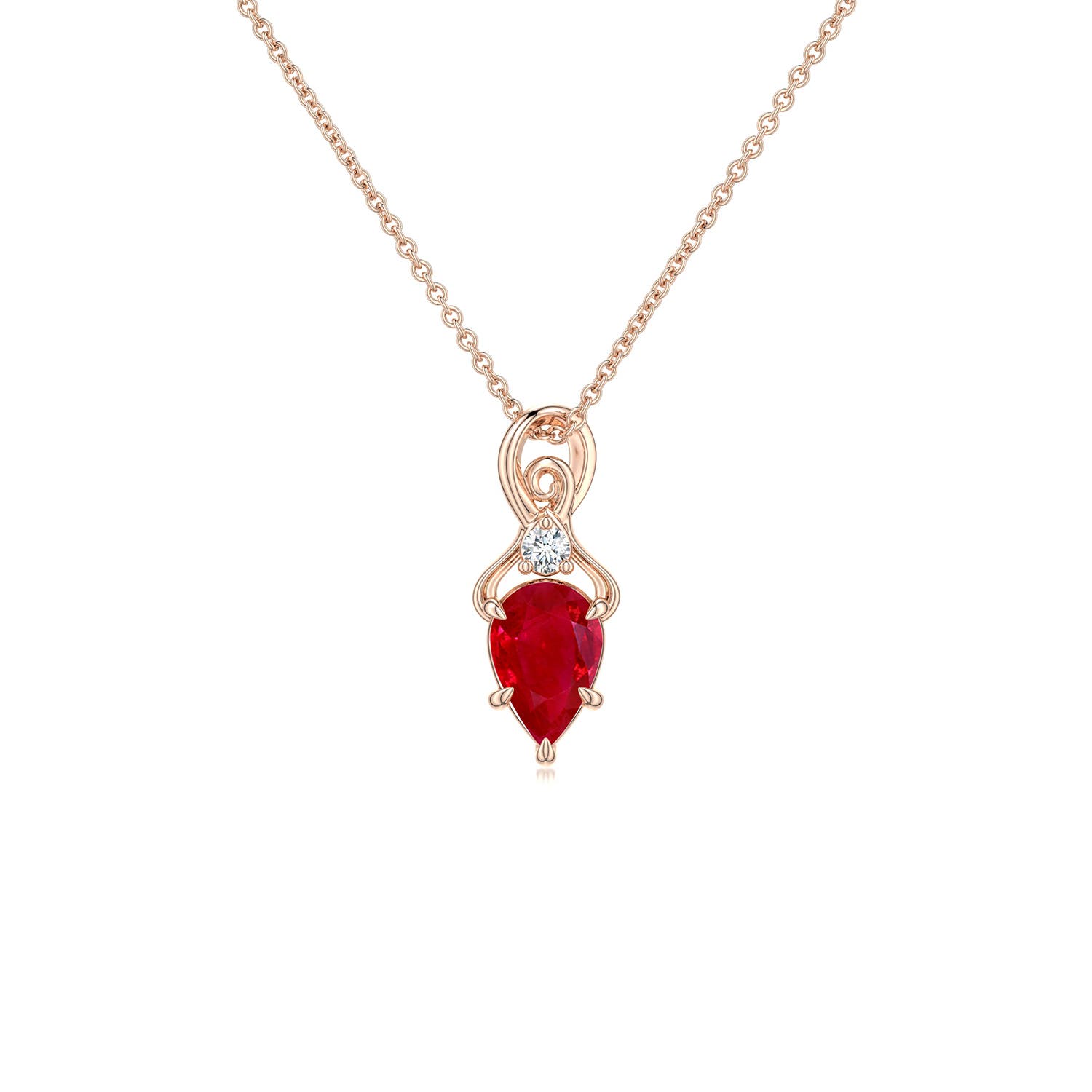 6x4mm AAA Inverted Pear Ruby Swirl Pendant with Diamond Accent in Rose Gold