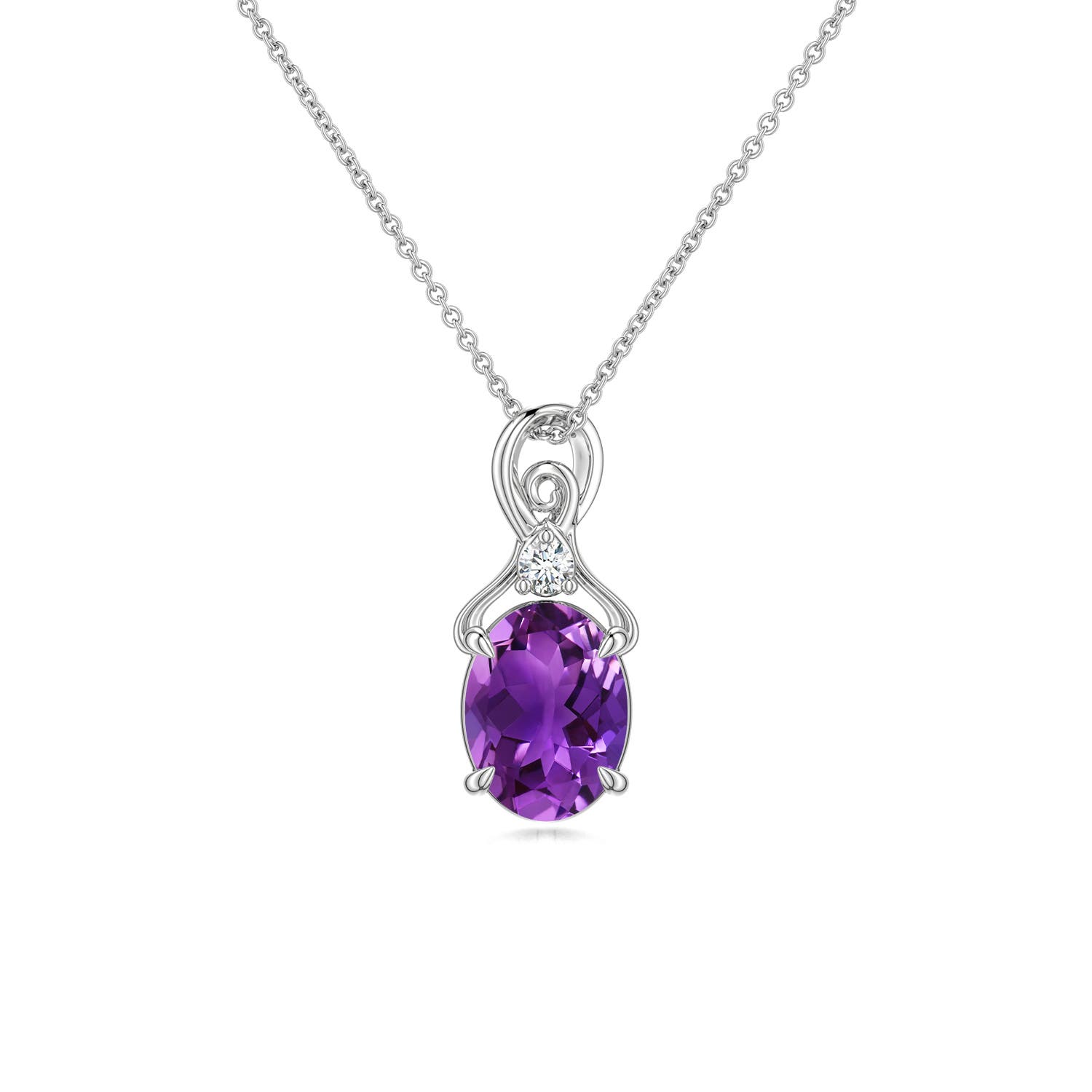 8x6mm AAAA Oval Amethyst Swirl Pendant with Diamond Accent in White Gold - main