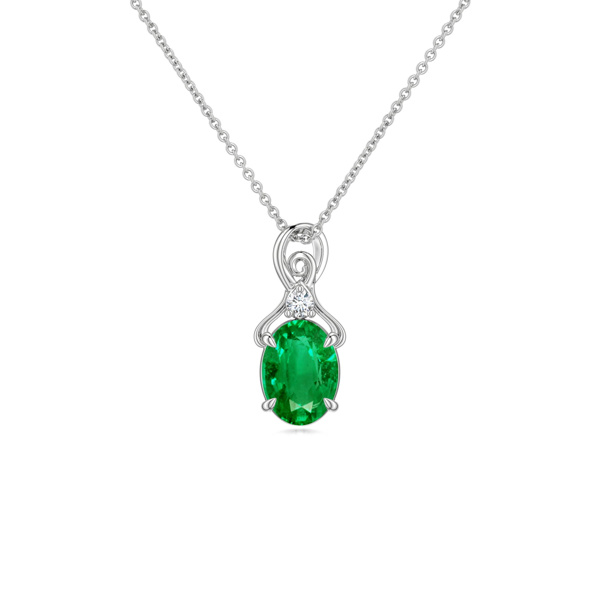 7x5mm AAA Oval Emerald Swirl Pendant with Diamond Accent in White Gold