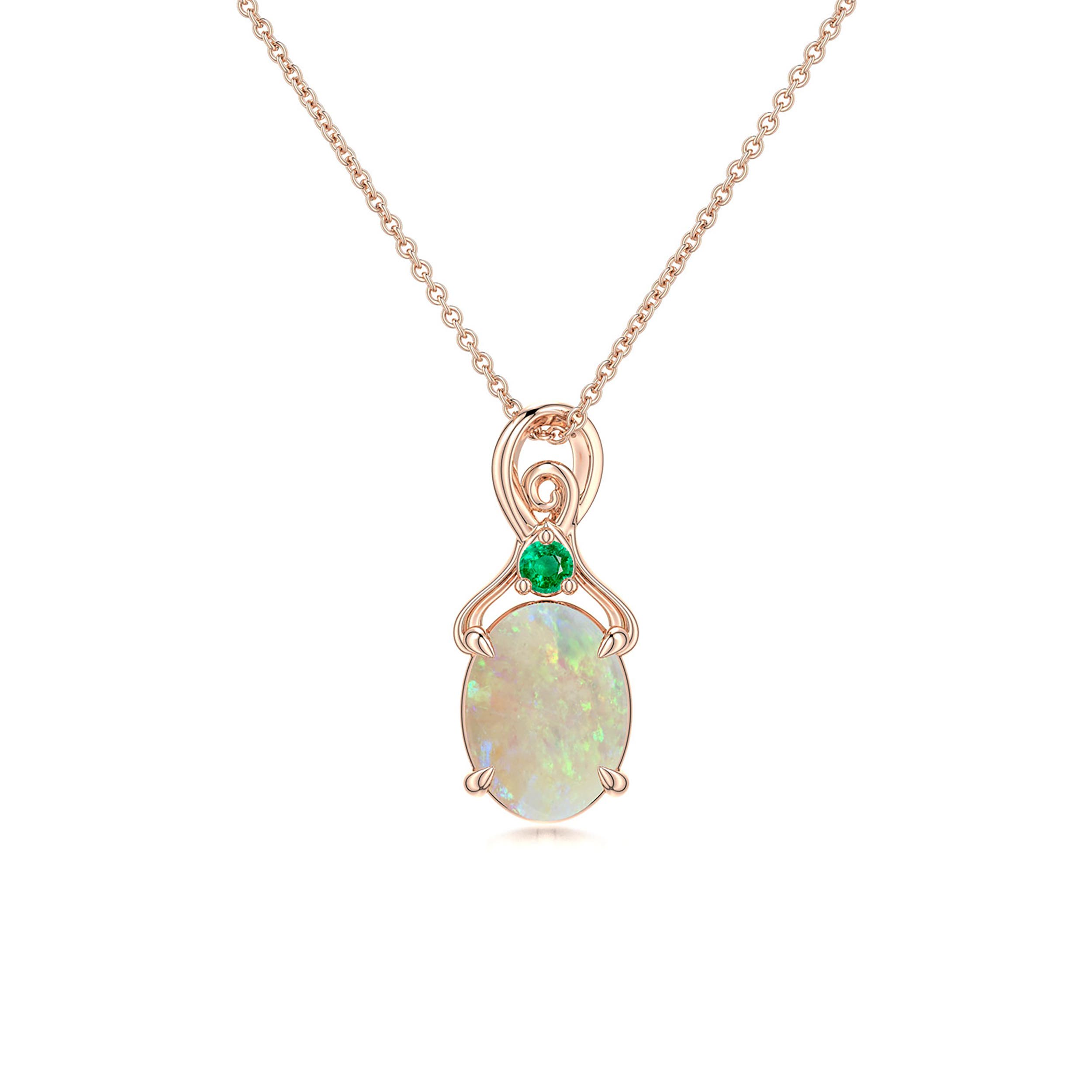 8x6mm AAA Oval Opal Swirl Pendant with Emerald Accent in Rose Gold