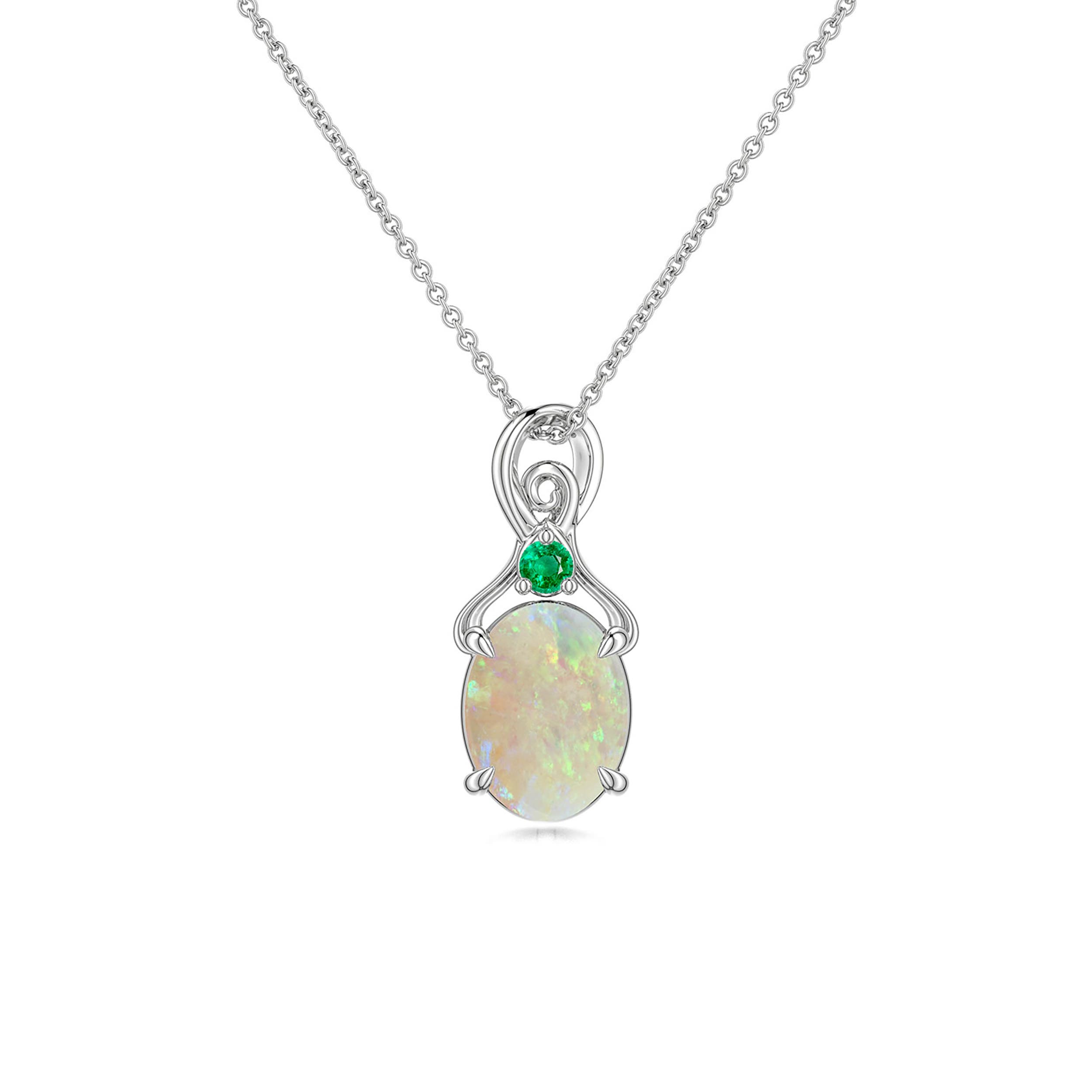 8x6mm AAA Oval Opal Swirl Pendant with Emerald Accent in White Gold