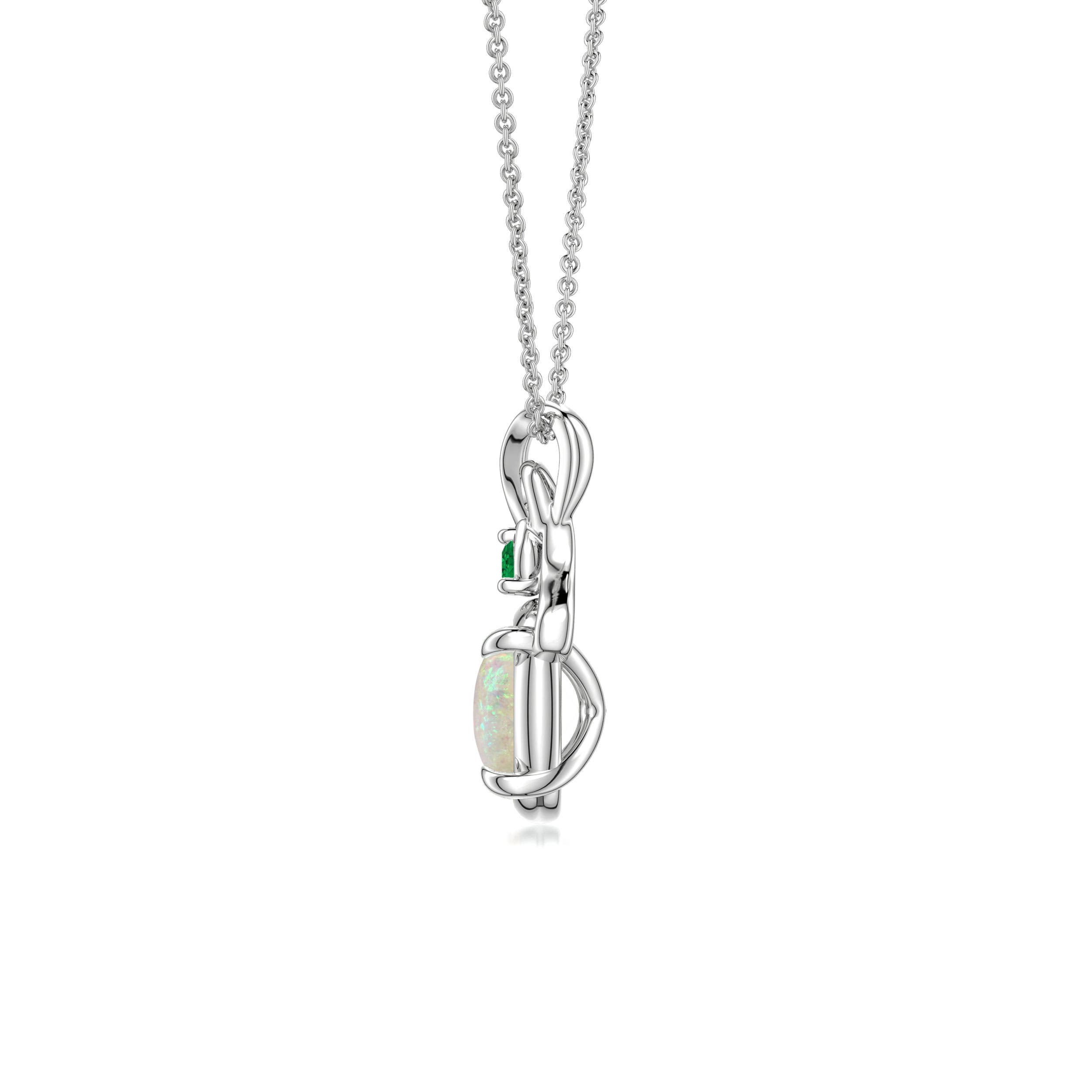 8x6mm AAA Oval Opal Swirl Pendant with Emerald Accent in White Gold - side 2