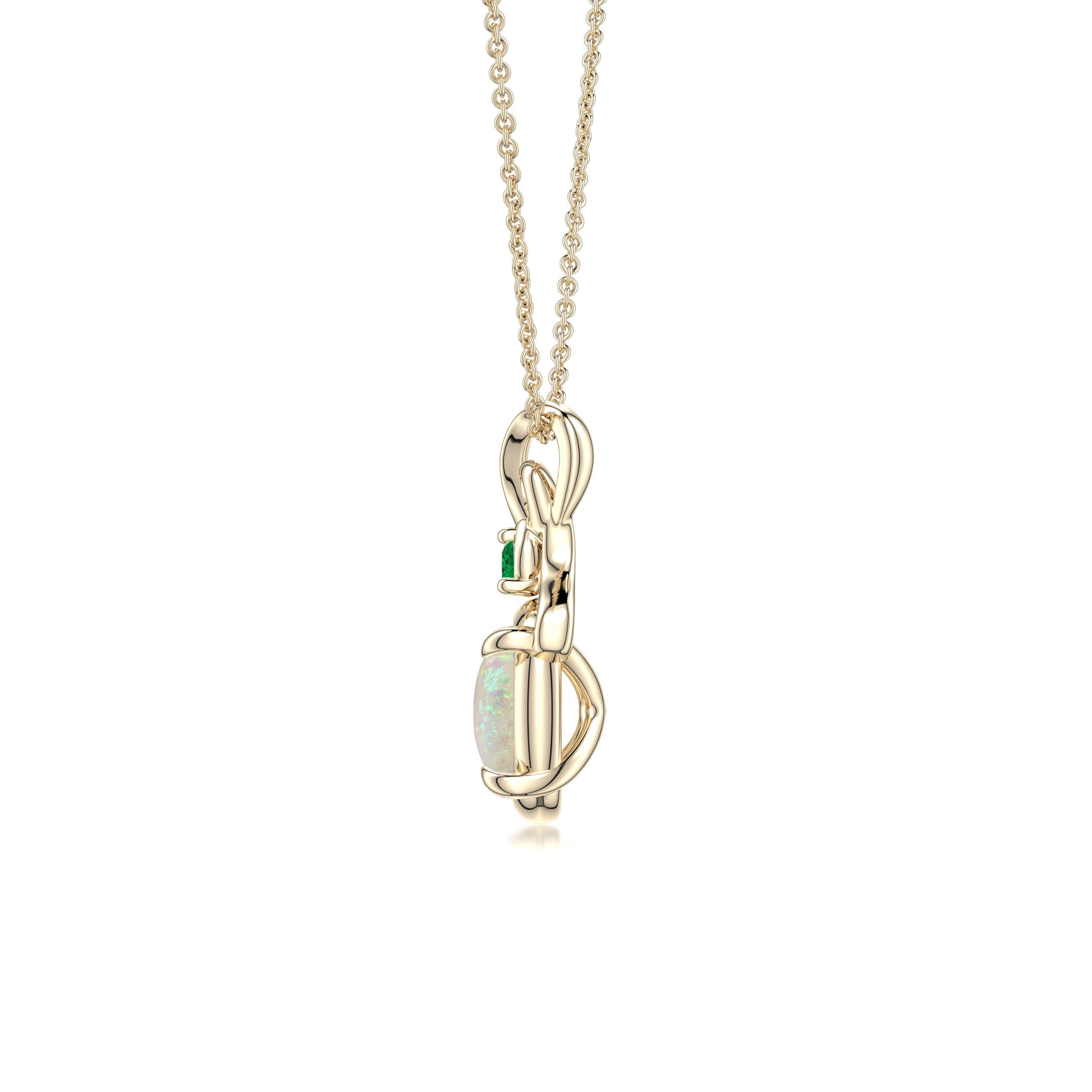 8x6mm AAA Oval Opal Swirl Pendant with Emerald Accent in Yellow Gold