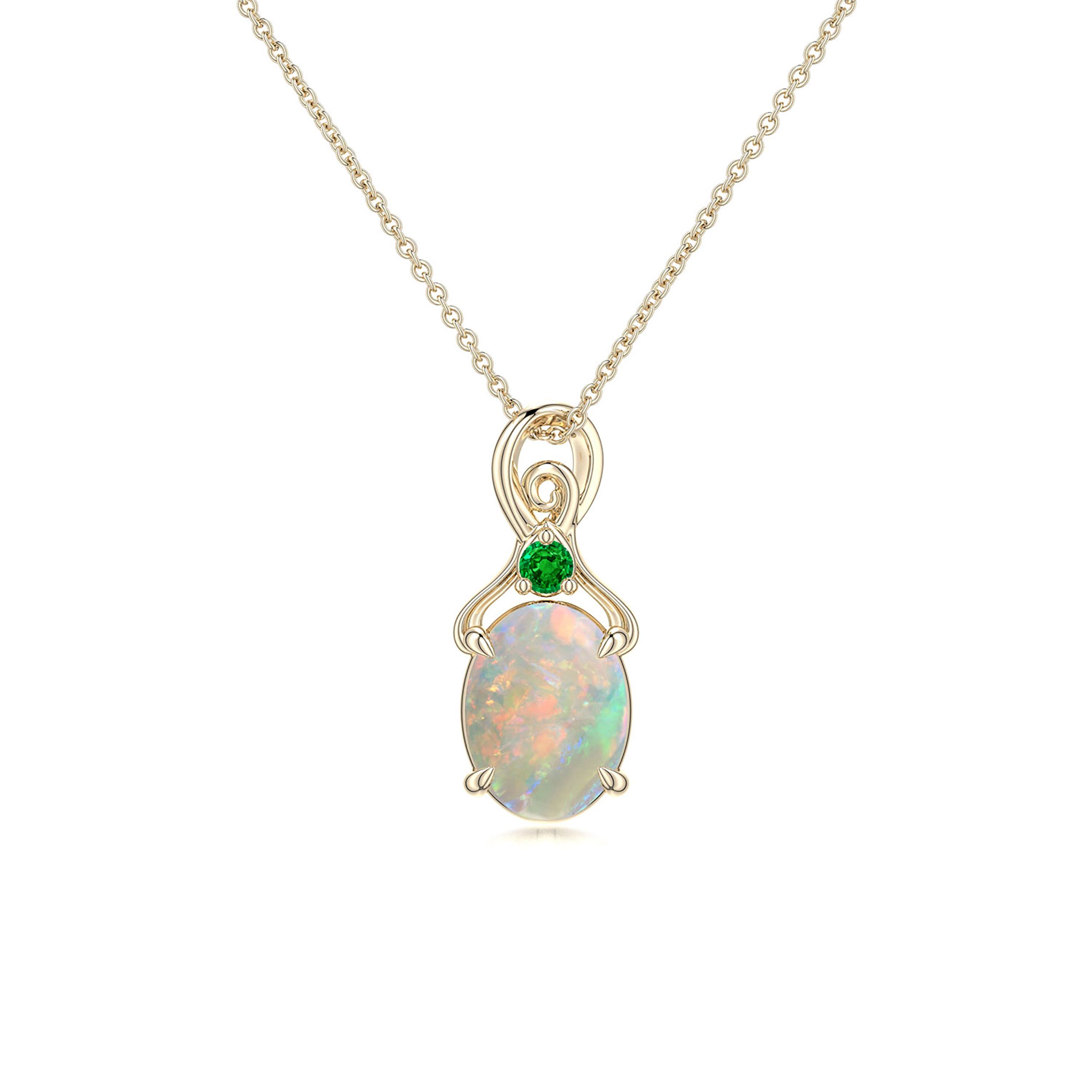 8x6mm AAAA Oval Opal Swirl Pendant with Emerald Accent in Yellow Gold
