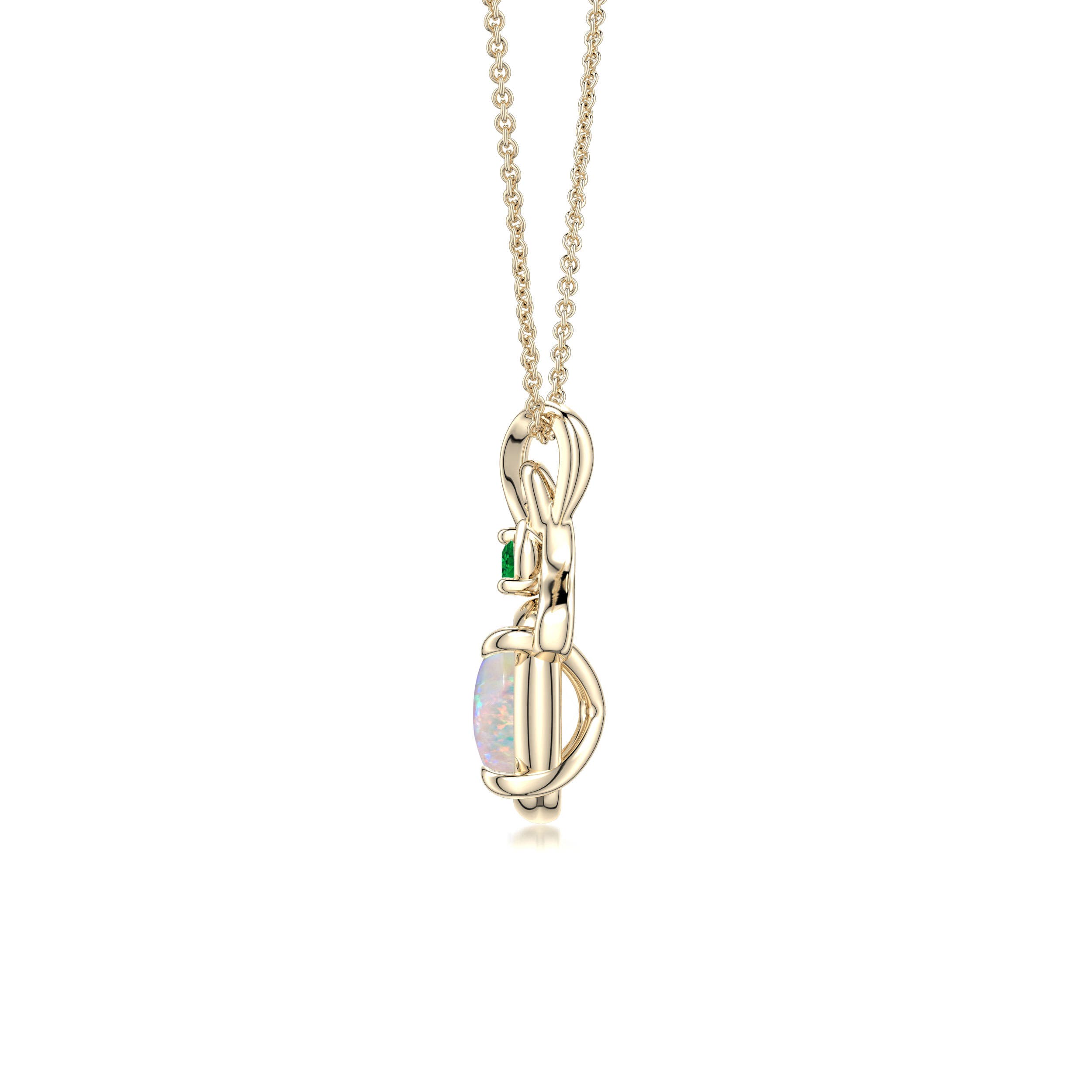 8x6mm AAAA Oval Opal Swirl Pendant with Emerald Accent in Yellow Gold