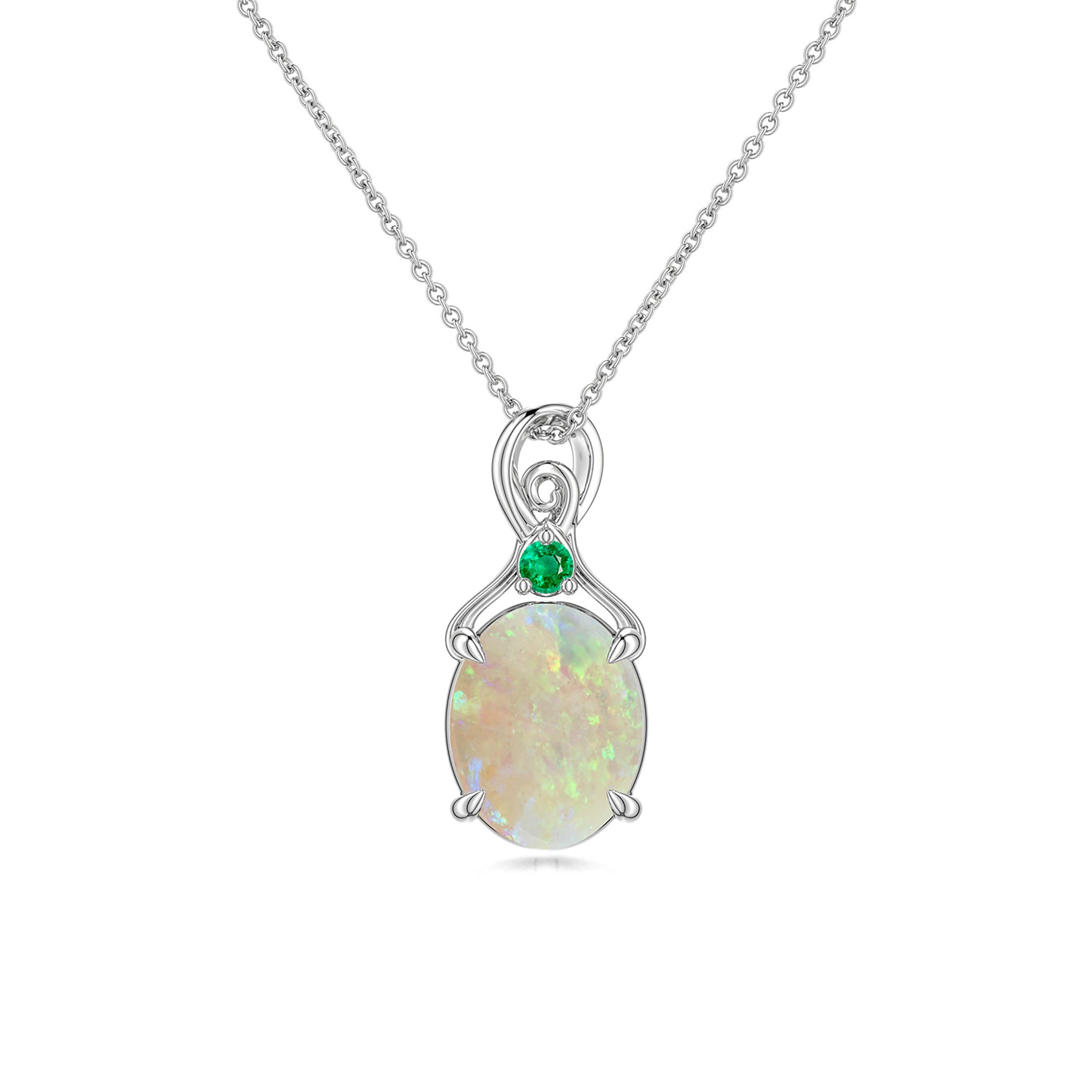 9x7mm AAA Oval Opal Swirl Pendant with Emerald Accent in White Gold