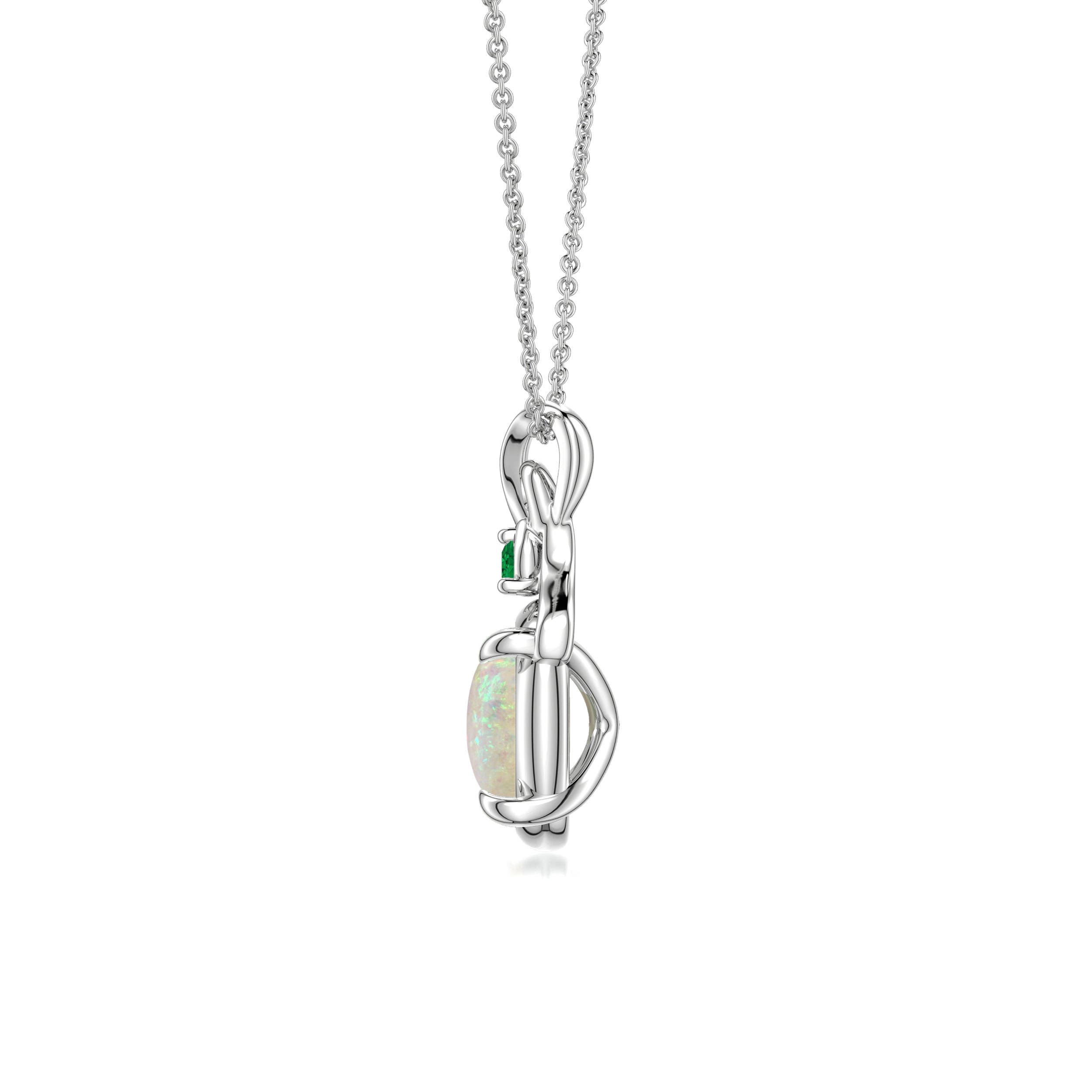 9x7mm AAA Oval Opal Swirl Pendant with Emerald Accent in White Gold
