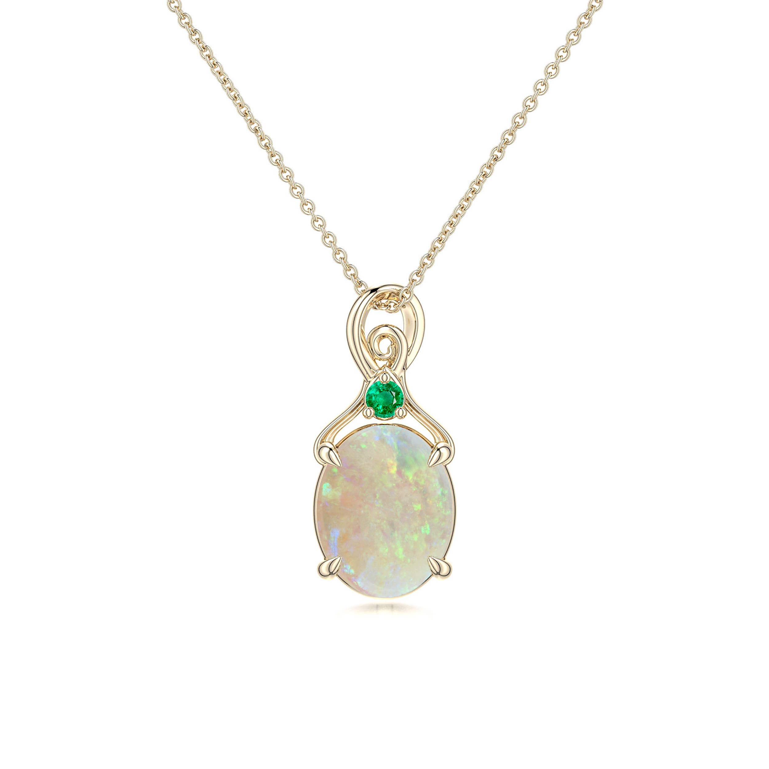 9x7mm AAA Oval Opal Swirl Pendant with Emerald Accent in Yellow Gold