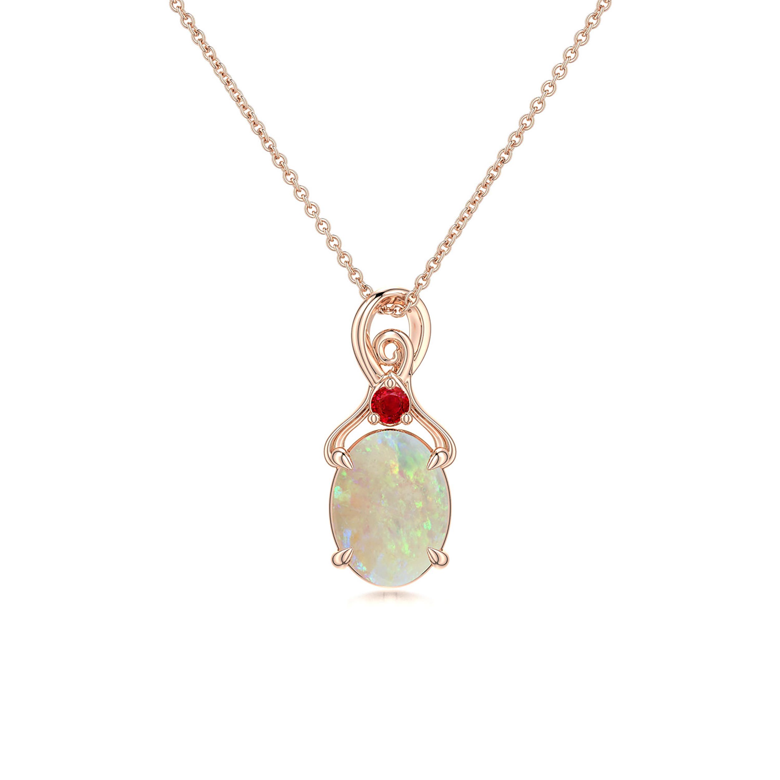 8x6mm AAA Oval Opal Swirl Pendant with Ruby Accent in Rose Gold
