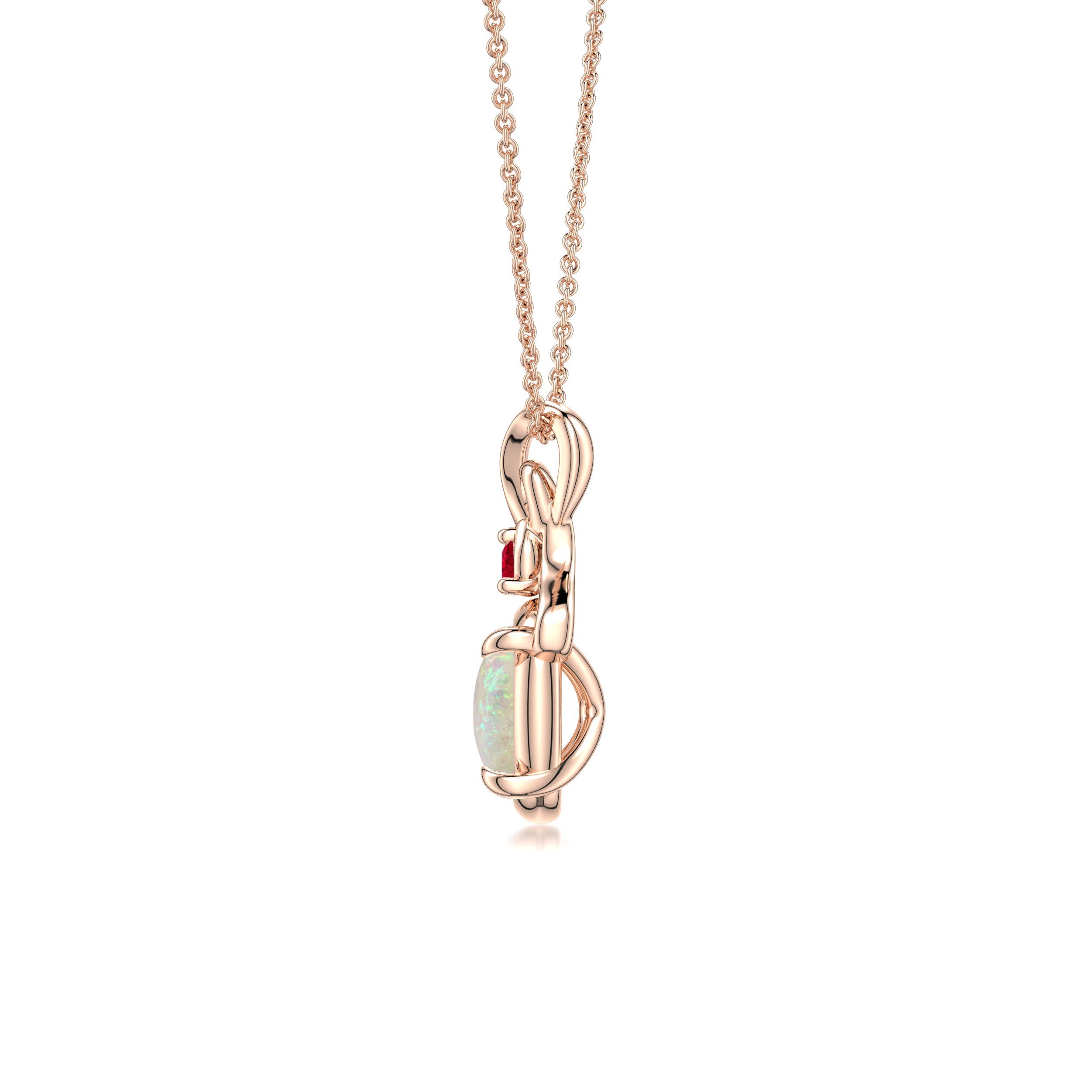 8x6mm AAA Oval Opal Swirl Pendant with Ruby Accent in Rose Gold - side 2