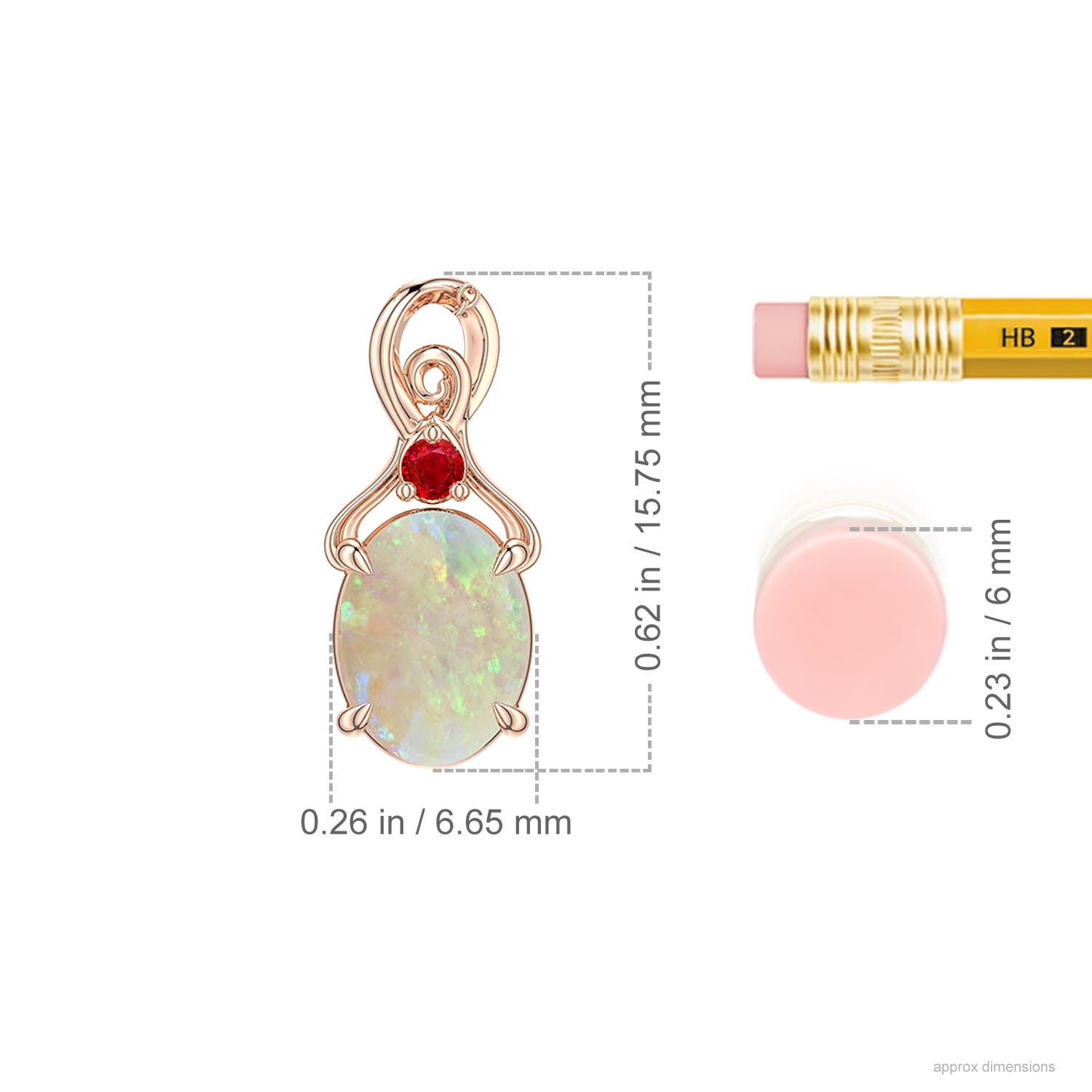 8x6mm AAA Oval Opal Swirl Pendant with Ruby Accent in Rose Gold - ruler