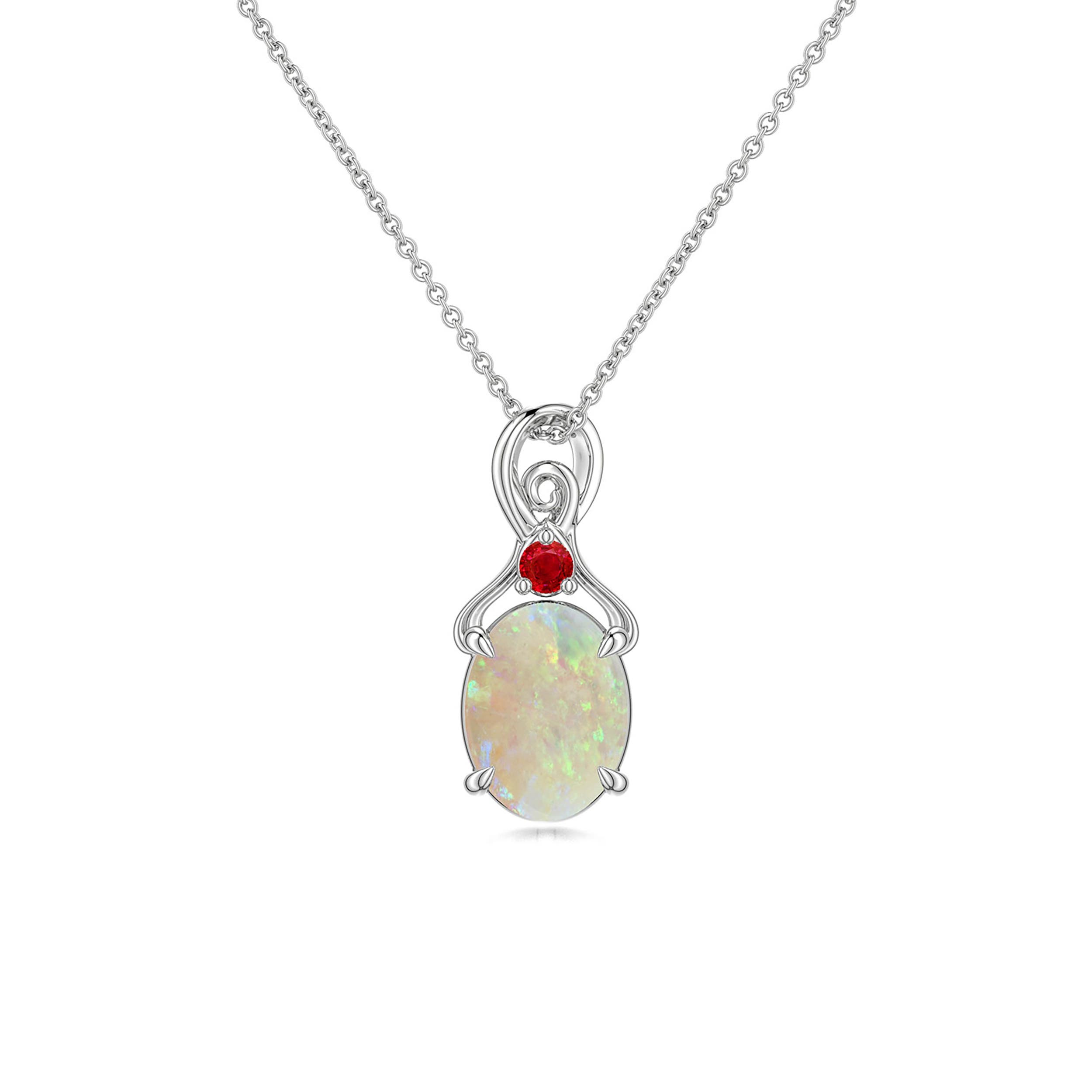 8x6mm AAA Oval Opal Swirl Pendant with Ruby Accent in White Gold