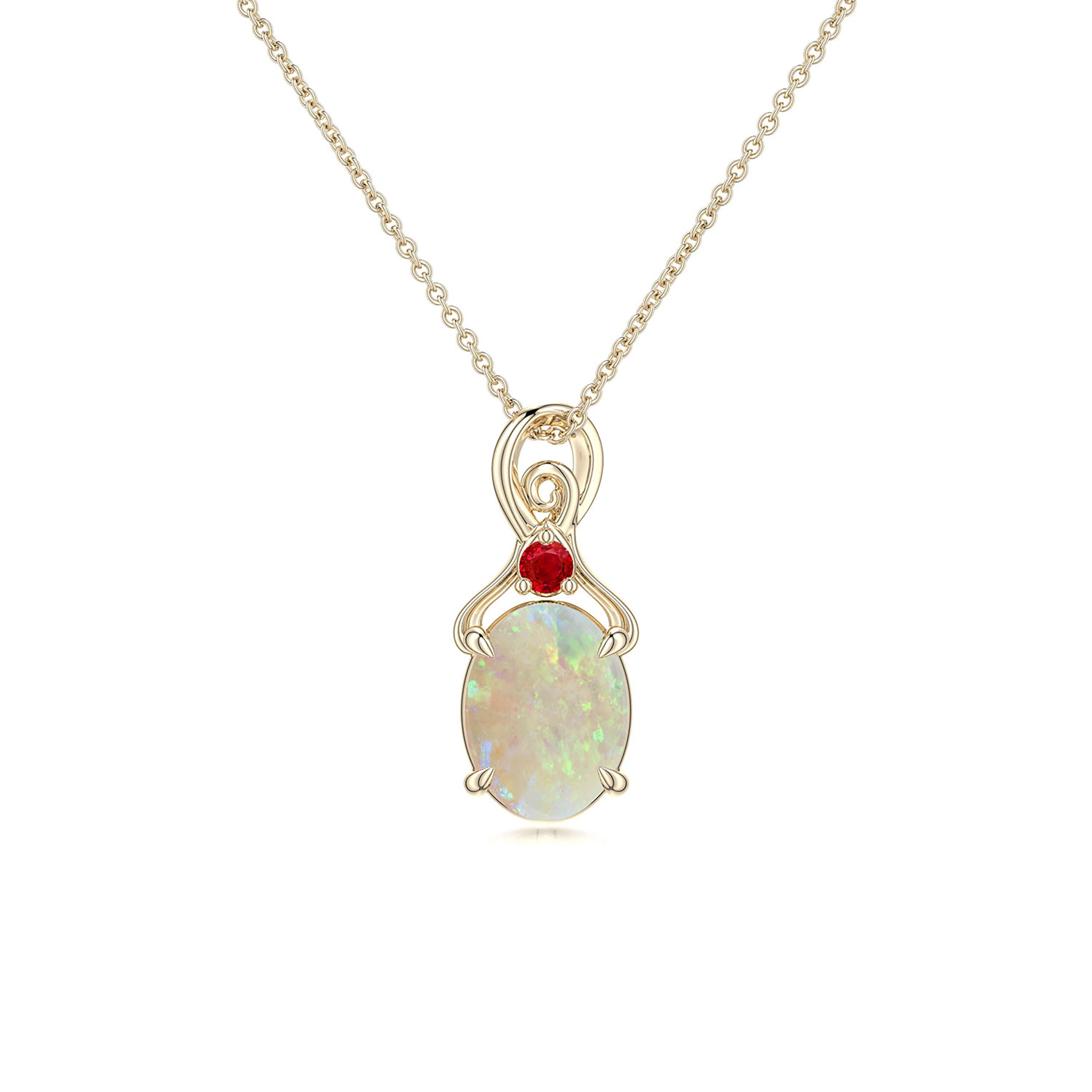 8x6mm AAA Oval Opal Swirl Pendant with Ruby Accent in Yellow Gold