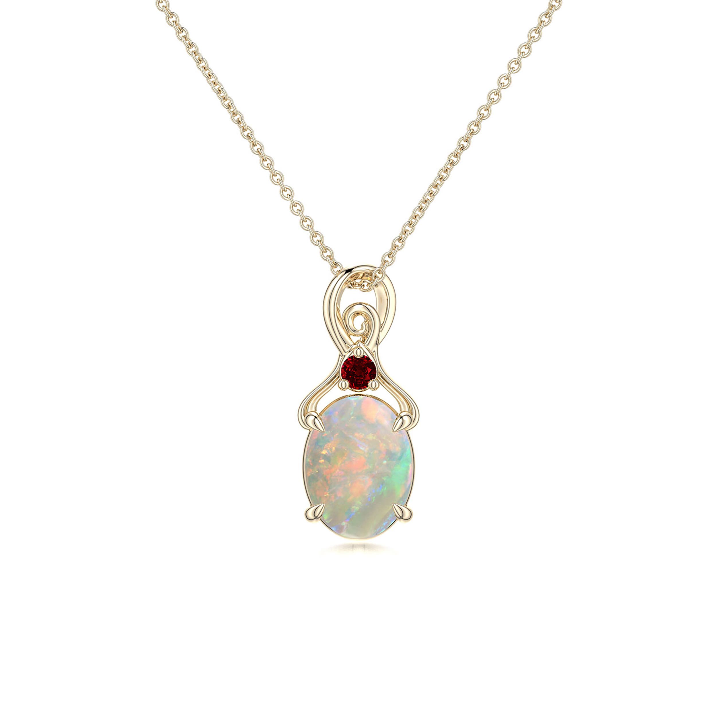 8x6mm AAAA Oval Opal Swirl Pendant with Ruby Accent in Yellow Gold