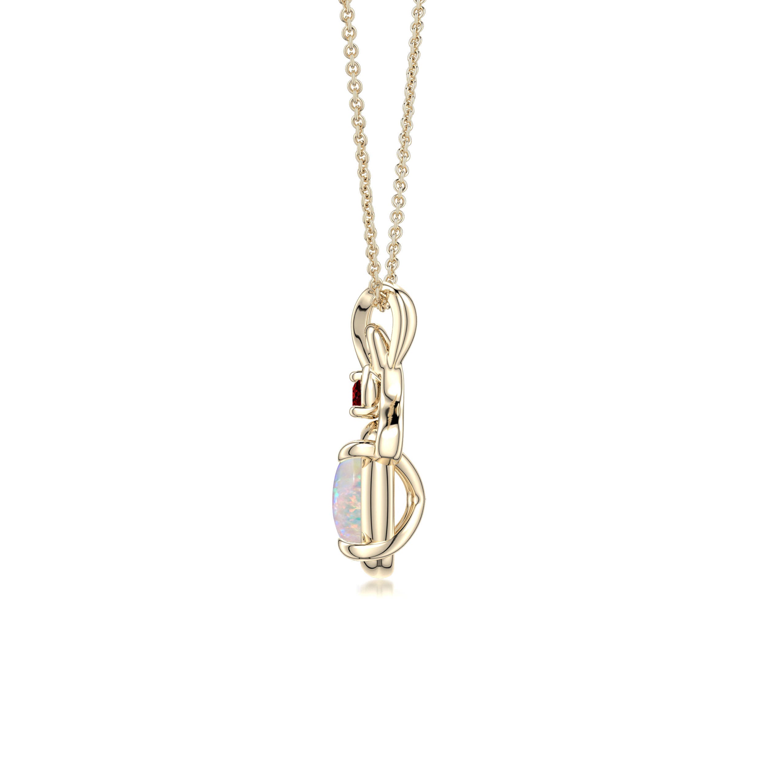 8x6mm AAAA Oval Opal Swirl Pendant with Ruby Accent in Yellow Gold