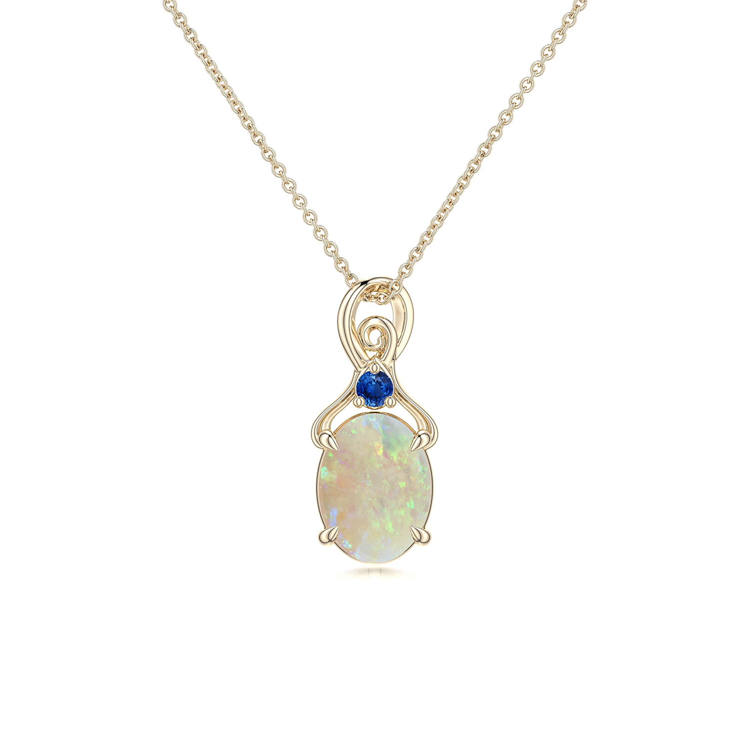 8x6mm AAA Oval Opal Swirl Pendant with Blue Sapphire Accent in 18K Yellow Gold