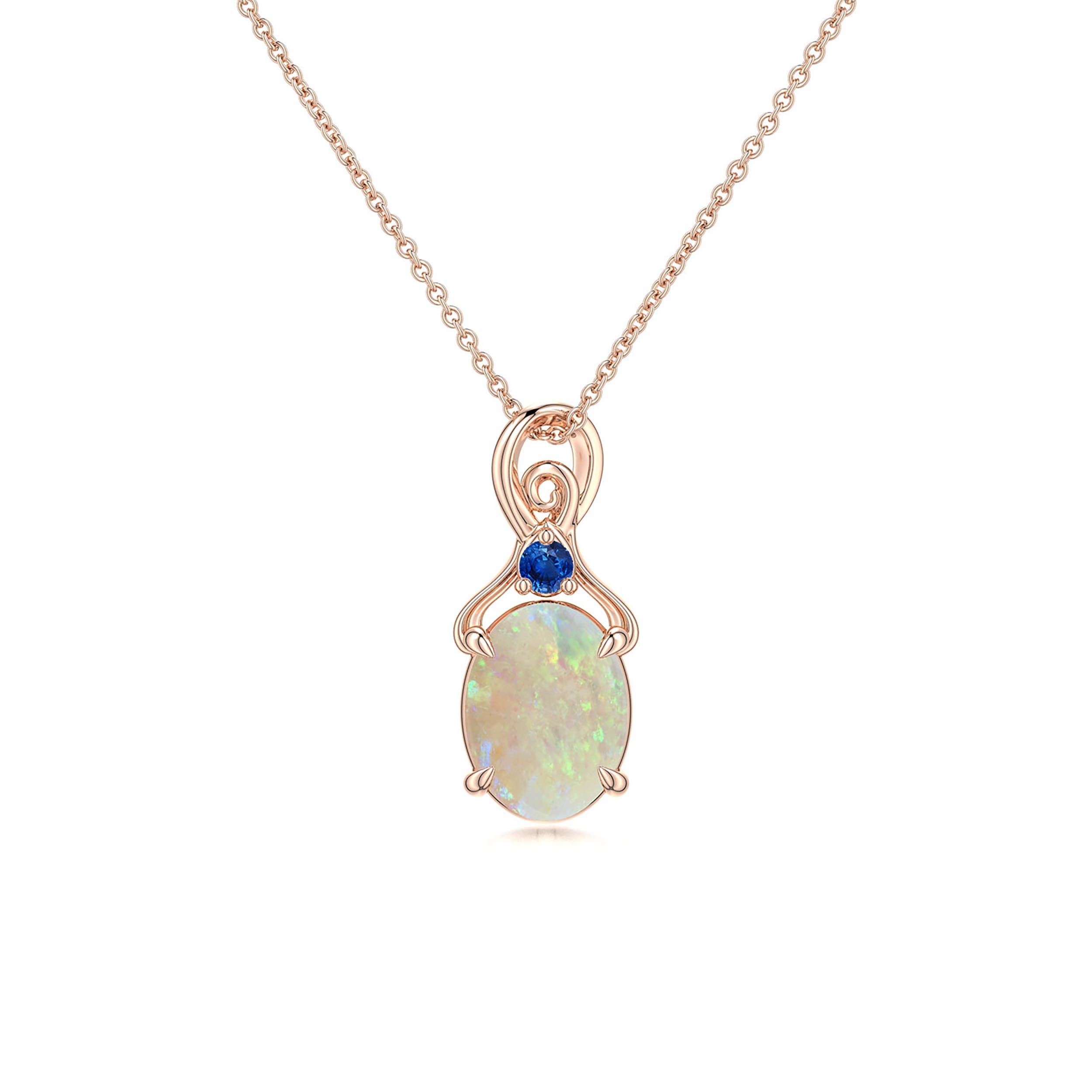8x6mm AAA Oval Opal Swirl Pendant with Blue Sapphire Accent in Rose Gold