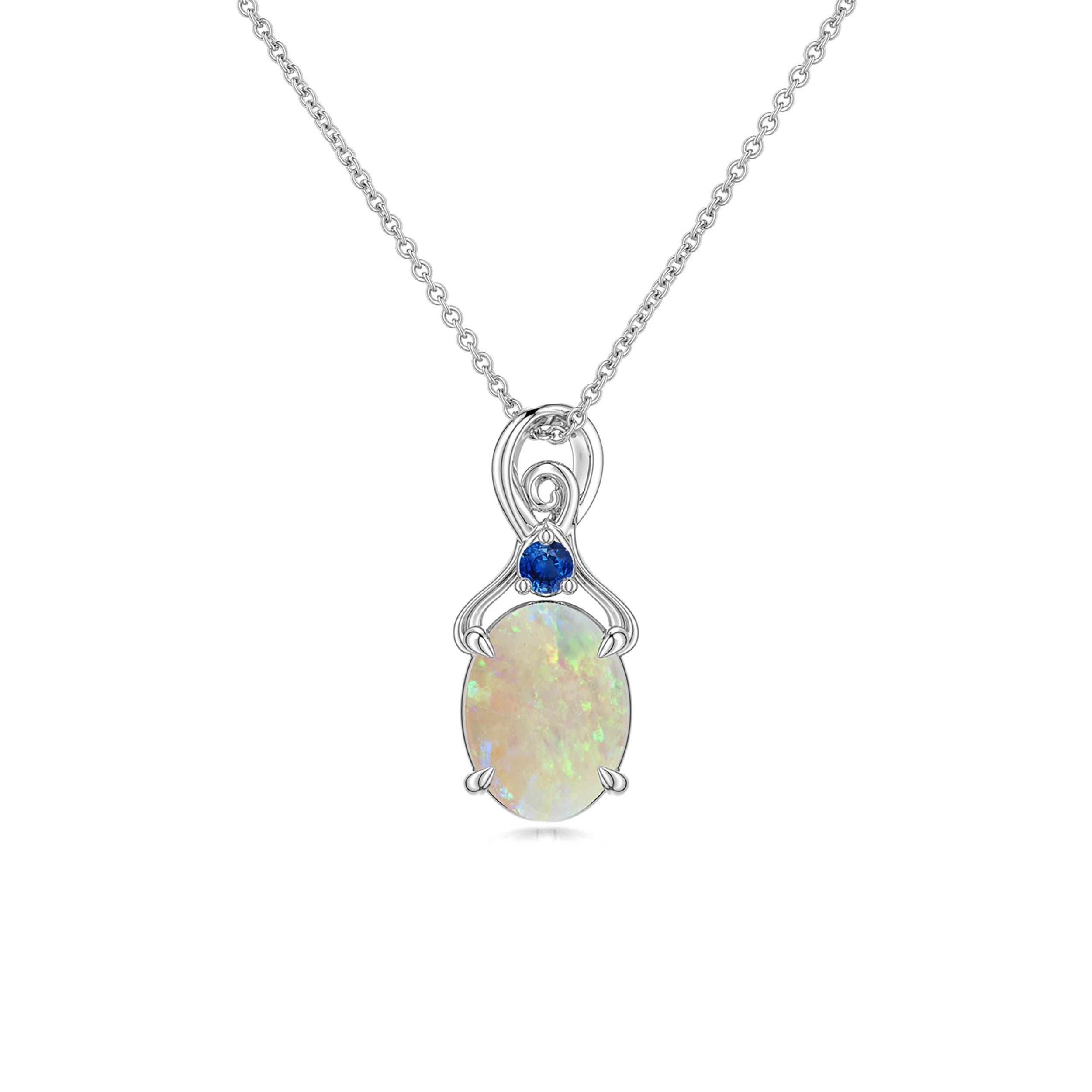 8x6mm AAA Oval Opal Swirl Pendant with Blue Sapphire Accent in White Gold