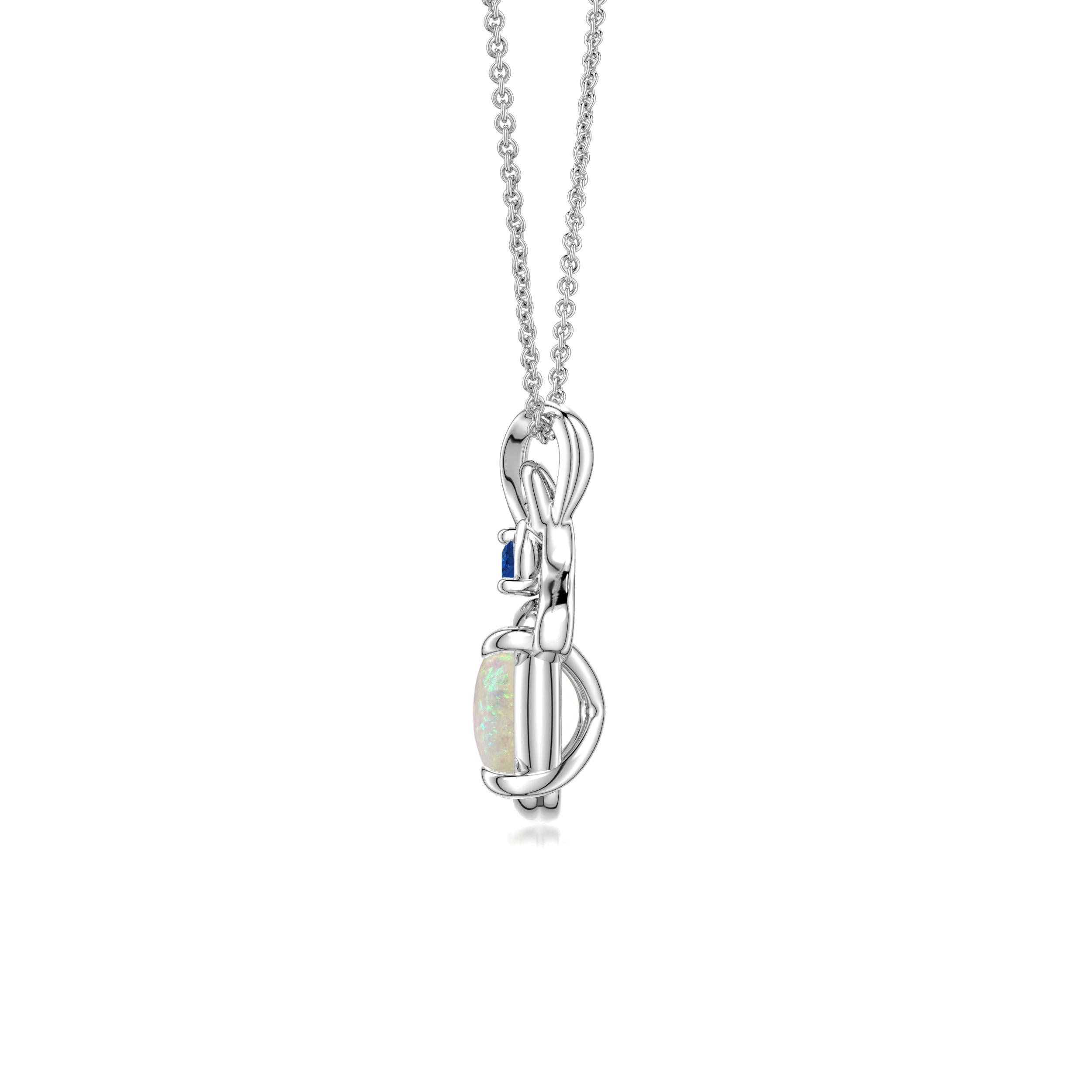 8x6mm AAA Oval Opal Swirl Pendant with Blue Sapphire Accent in White Gold