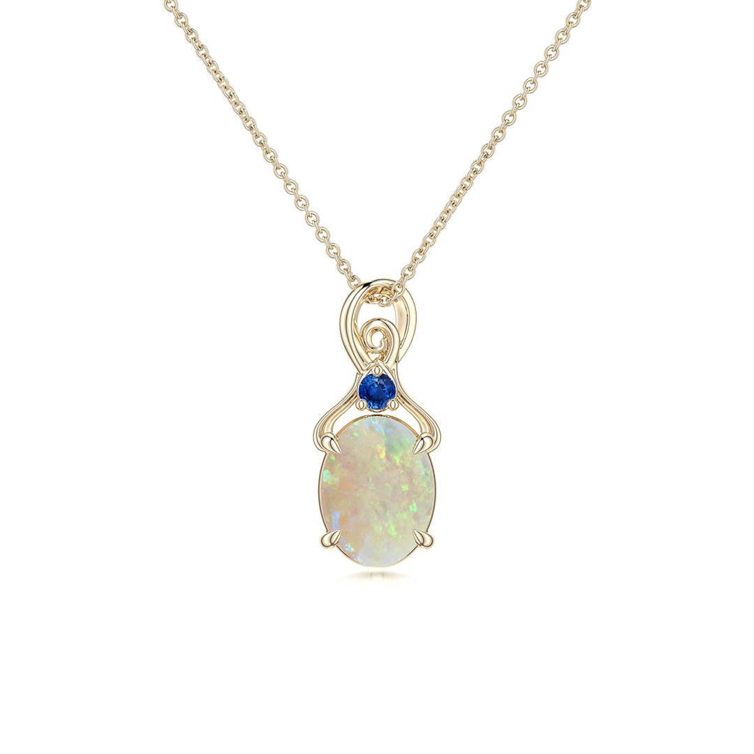 8x6mm AAA Oval Opal Swirl Pendant with Blue Sapphire Accent in Yellow Gold