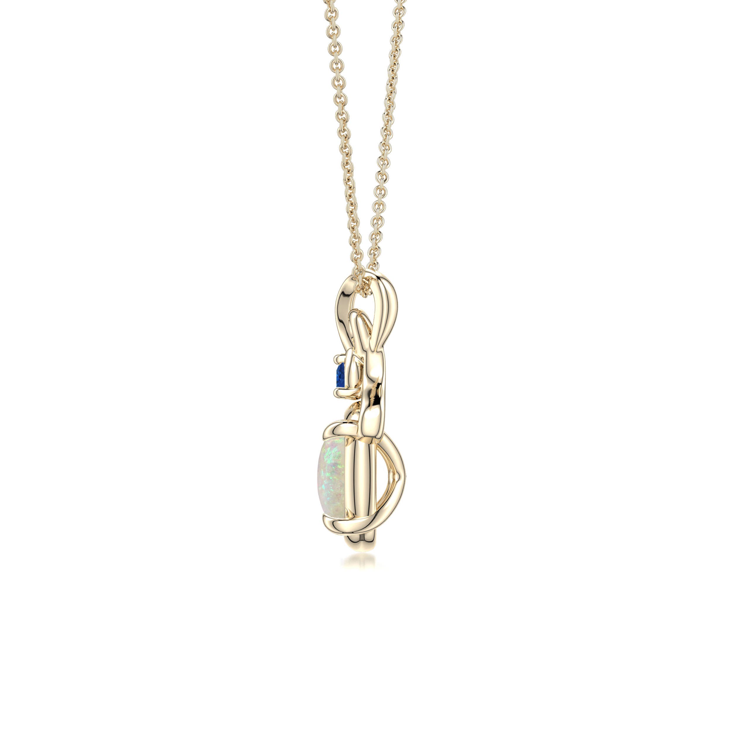8x6mm AAA Oval Opal Swirl Pendant with Blue Sapphire Accent in Yellow Gold