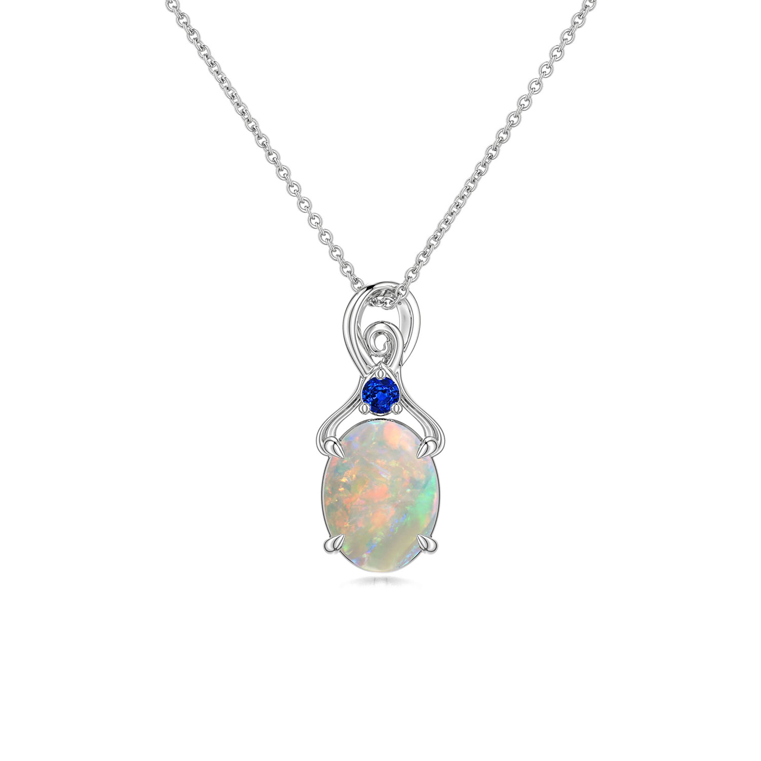 8x6mm AAAA Oval Opal Swirl Pendant with Blue Sapphire Accent in P950 Platinum