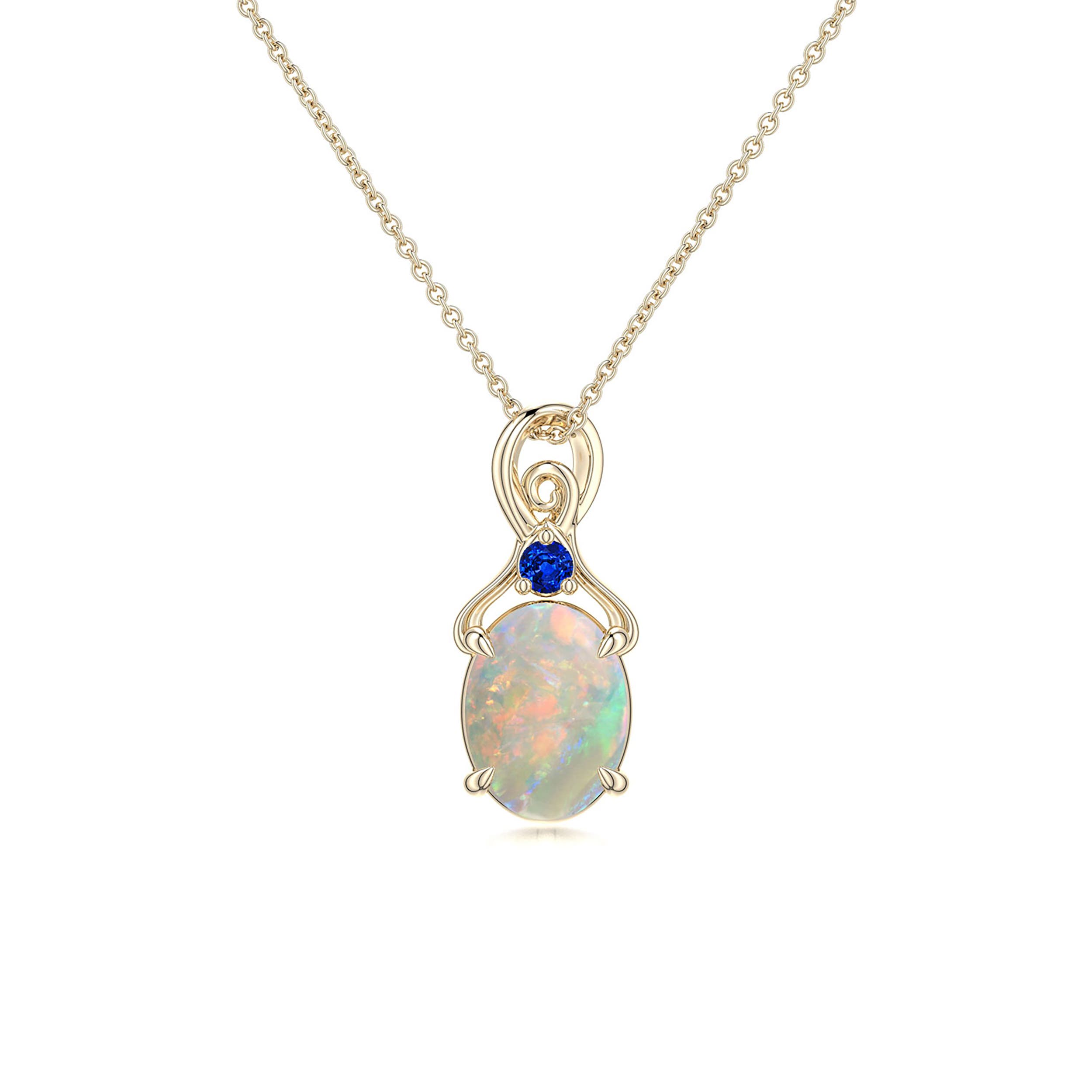 8x6mm AAAA Oval Opal Swirl Pendant with Blue Sapphire Accent in Yellow Gold