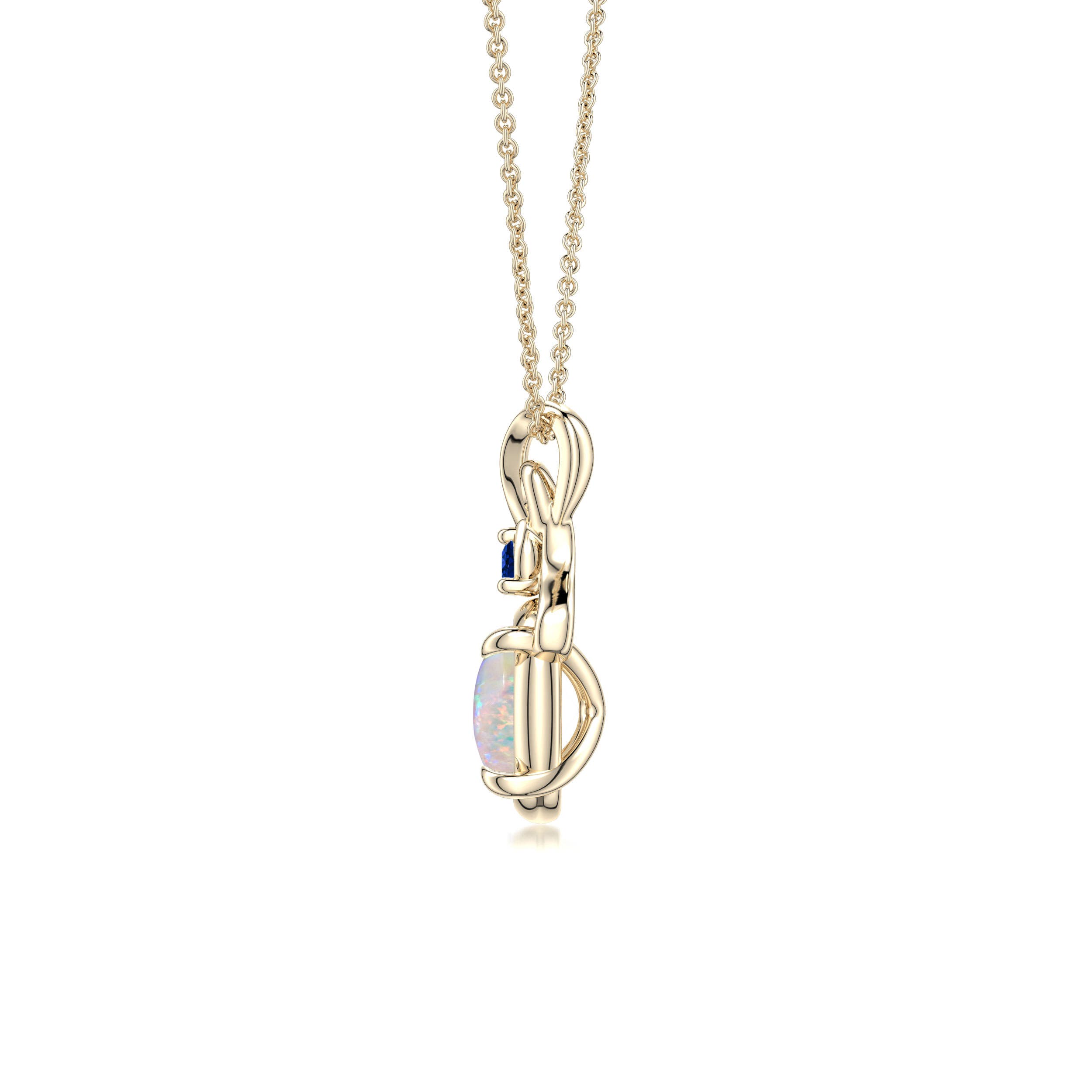 8x6mm AAAA Oval Opal Swirl Pendant with Blue Sapphire Accent in Yellow Gold