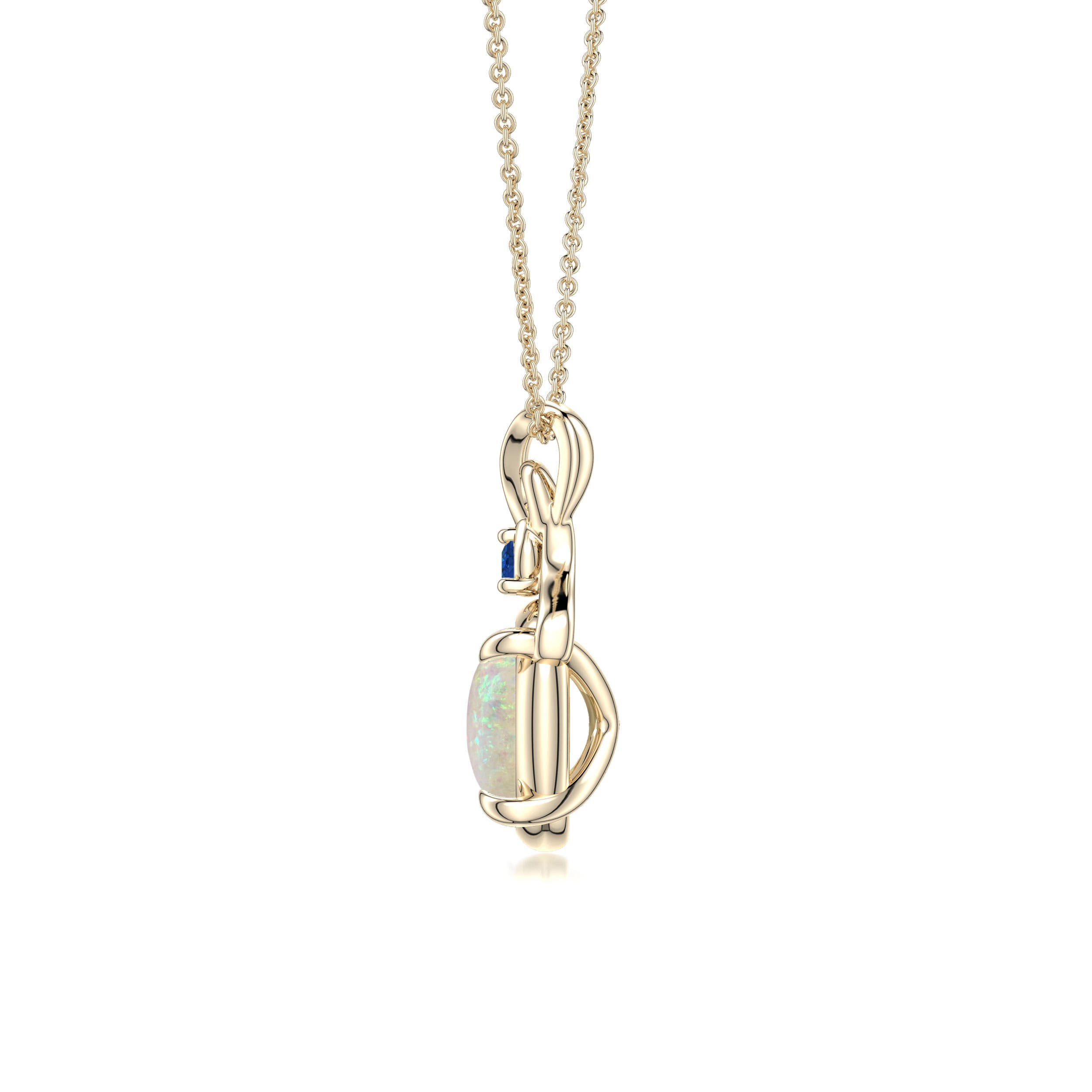 9x7mm AAA Oval Opal Swirl Pendant with Blue Sapphire Accent in Yellow Gold