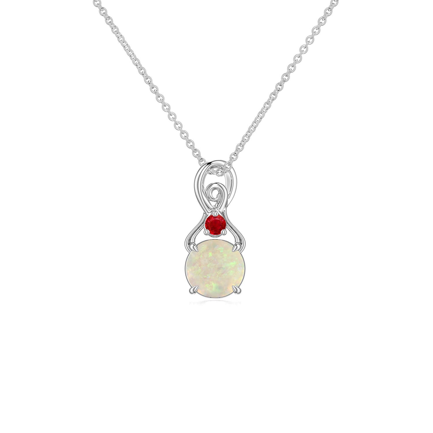 5mm AAA Round Opal Swirl Pendant with Ruby Accent in White Gold