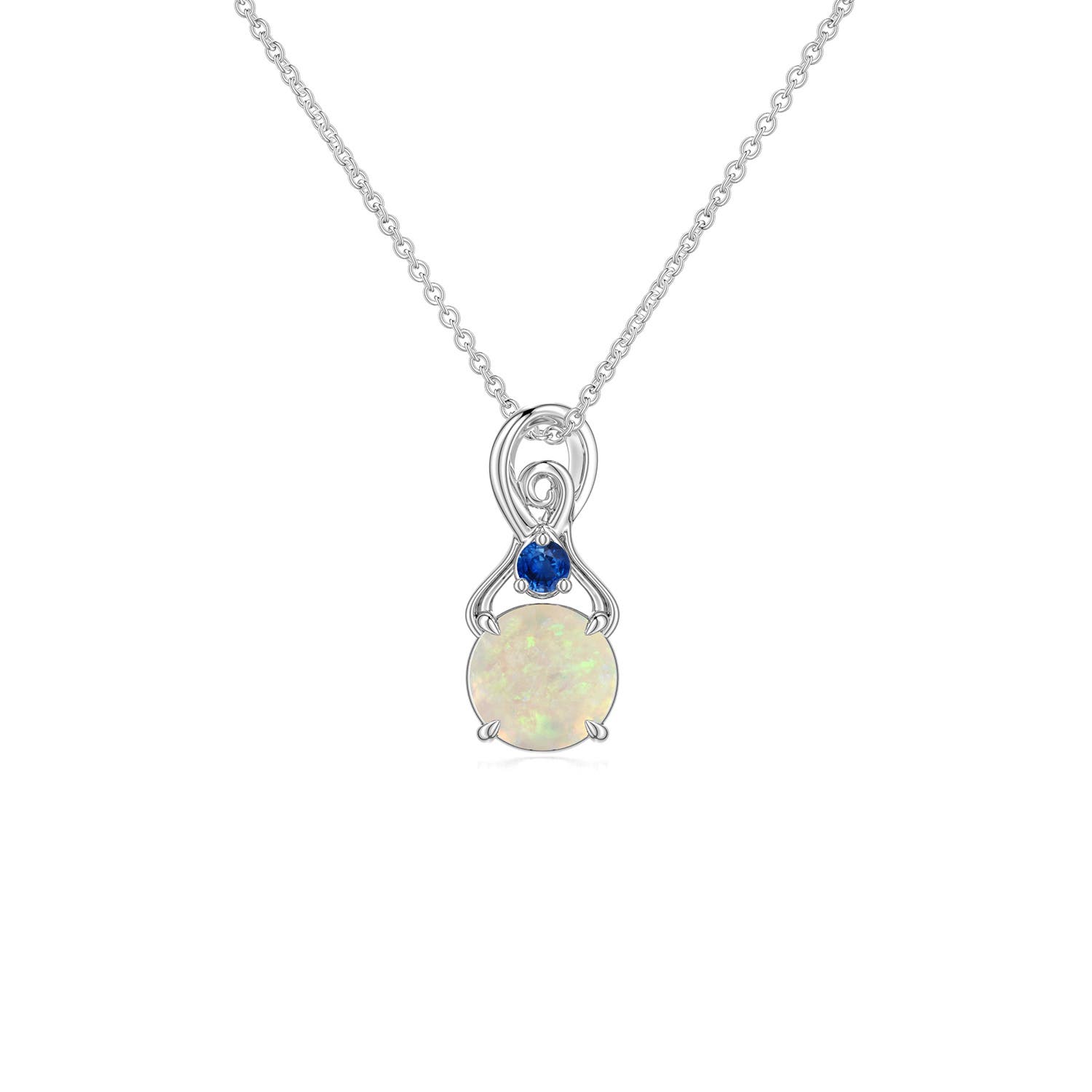 5mm AAA Round Opal Swirl Pendant with Blue Sapphire Accent in White Gold