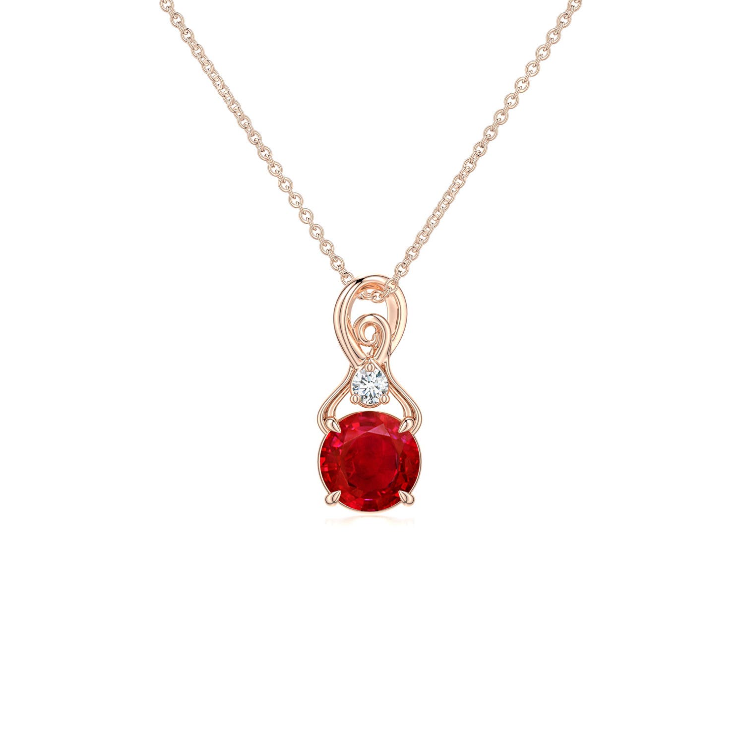 5mm AAA Round Ruby Swirl Pendant with Diamond Accent in Rose Gold