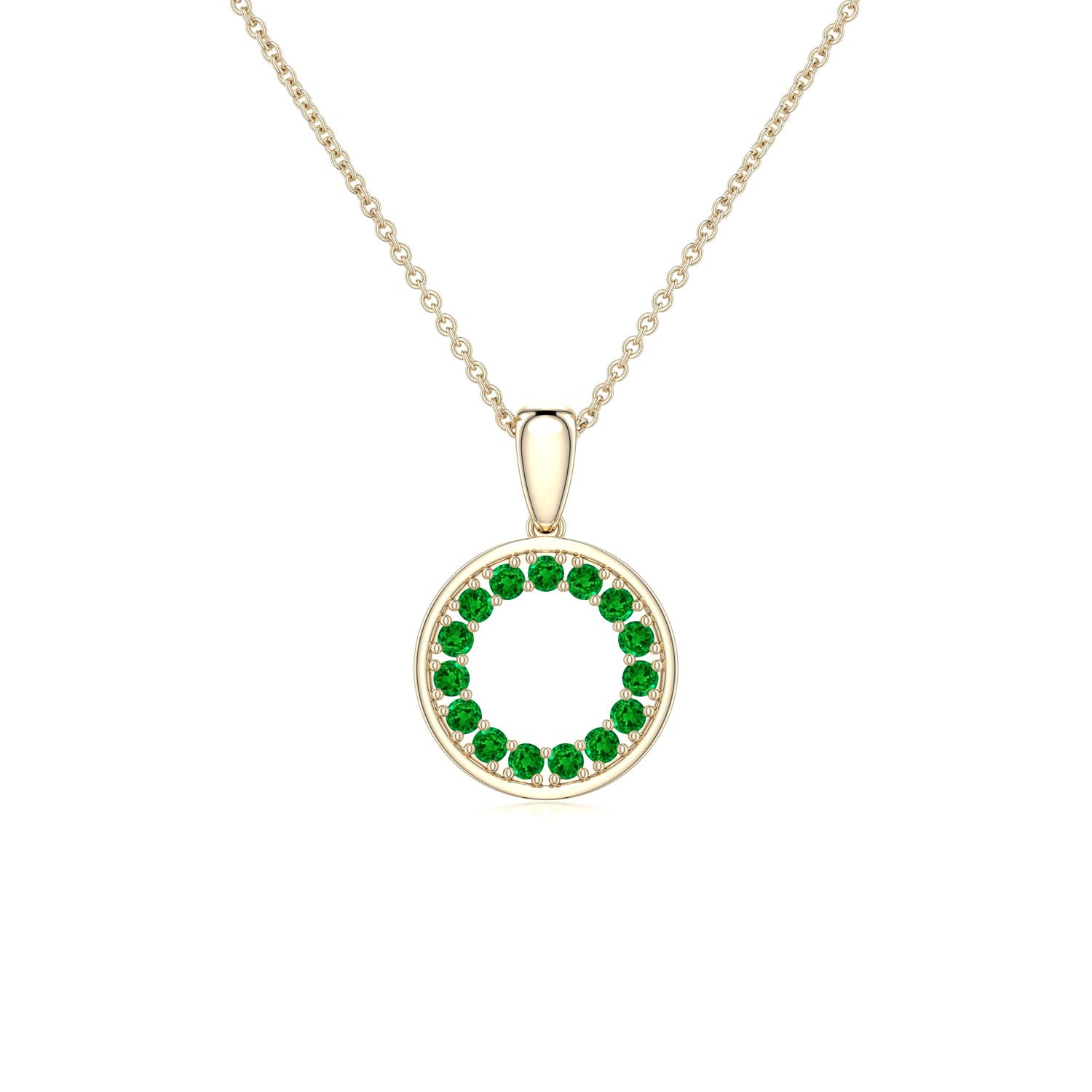 1.3mm AAAA Emerald Open Circle Eternity Pendant in Yellow Gold