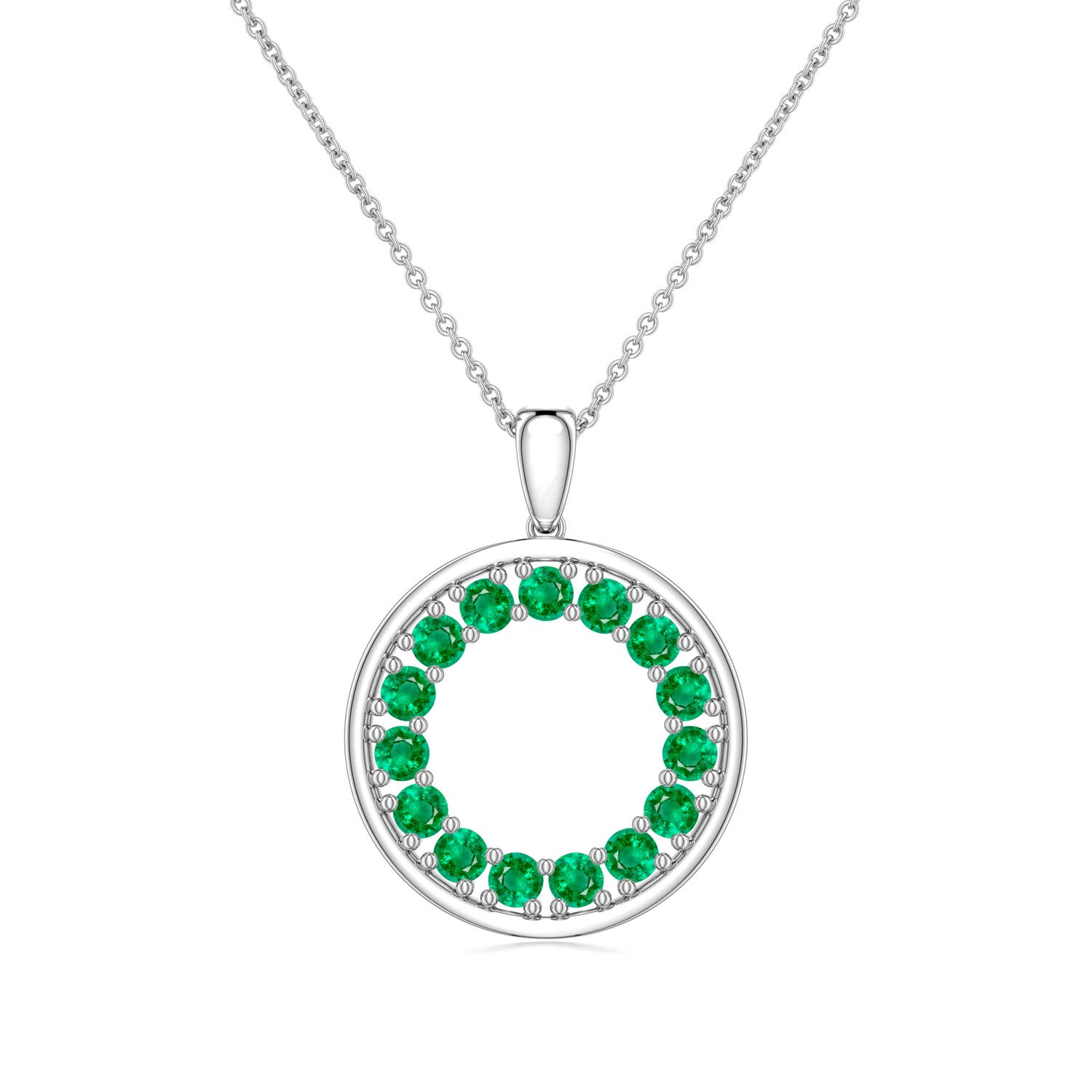 2mm AAA Emerald Open Circle Eternity Pendant in White Gold