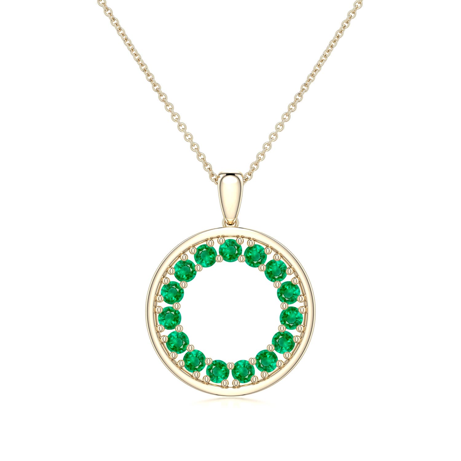 2mm AAA Emerald Open Circle Eternity Pendant in Yellow Gold